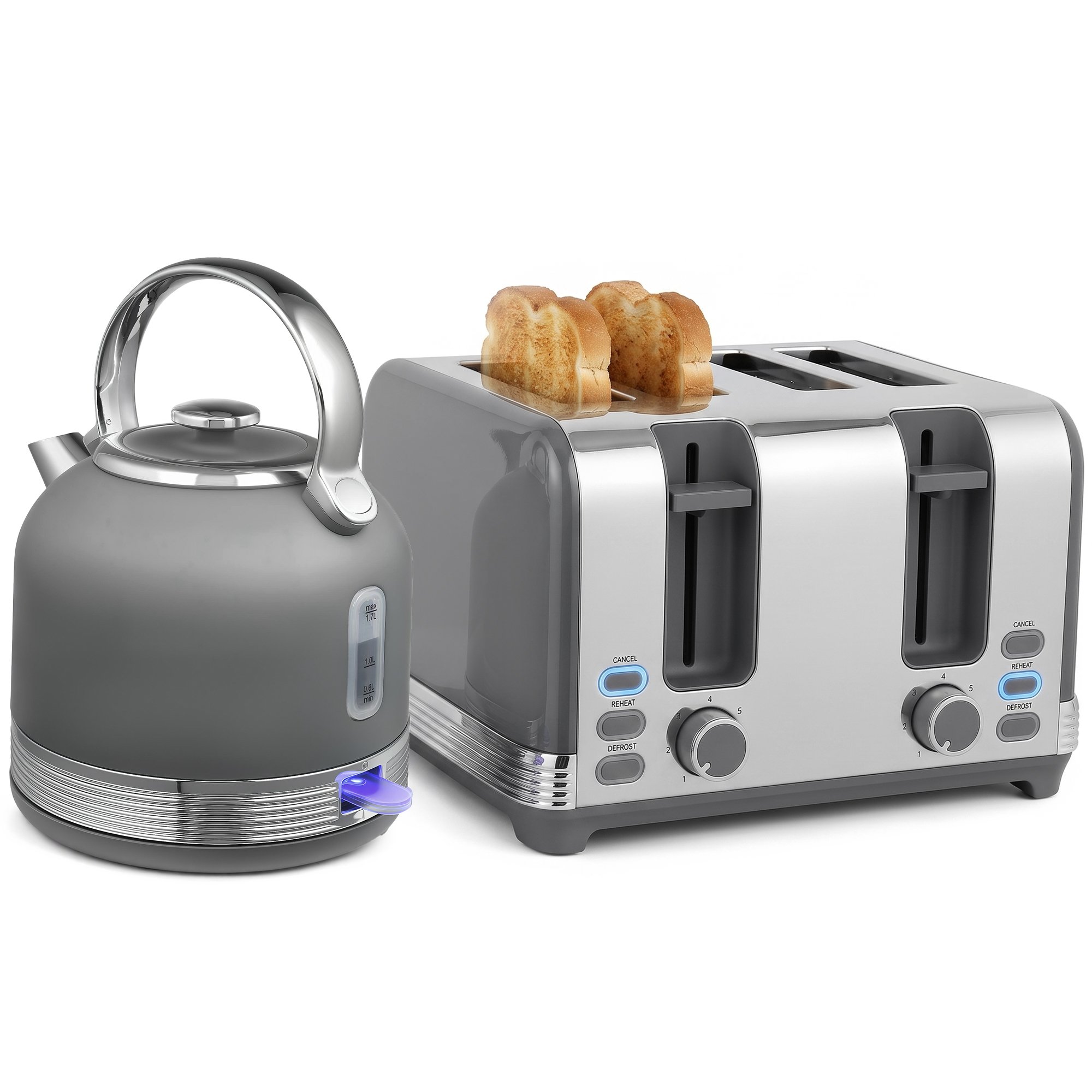 HOMCOM 1.7L Stainless Steel Kettle and Toaster Set with Browning Controls - Grey
