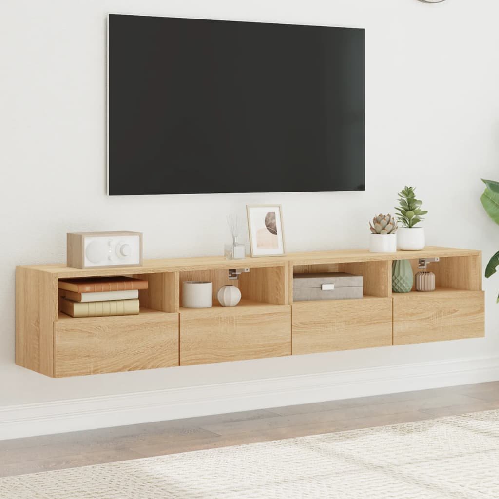 Walplus Pack of 2 Engineered Wood TV Wall Unit - Light Oak - 80 x 30 x 30 cm