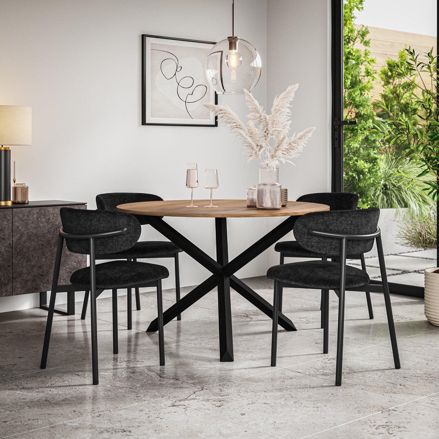 Furniture Online Malvern Oak Effect Dining Table & 6 Myla Black Chairs