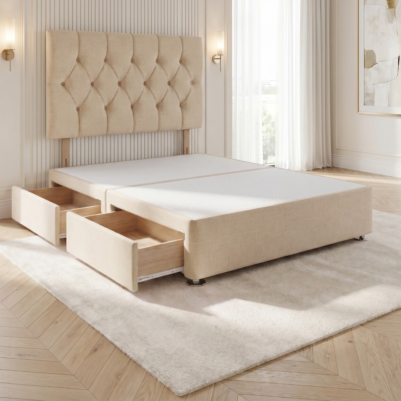 Somnior Chester Linen Single 2 Drawer Divan Bed with Headboard - Beige