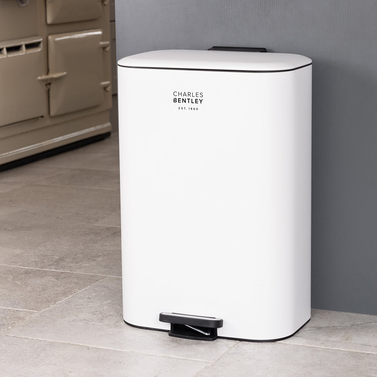 Charles Bentley 30L Slimline Rectangular Kitchen Pedal Bin - White