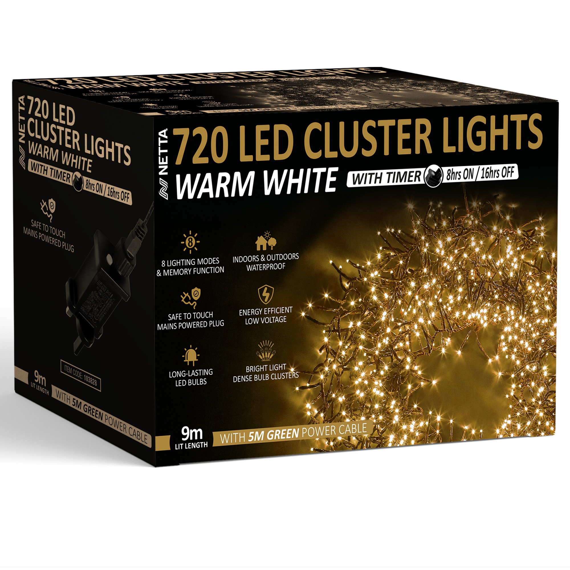 NETTA 720 LED 9m Christmas Cluster String Lights with Timer - Warm White
