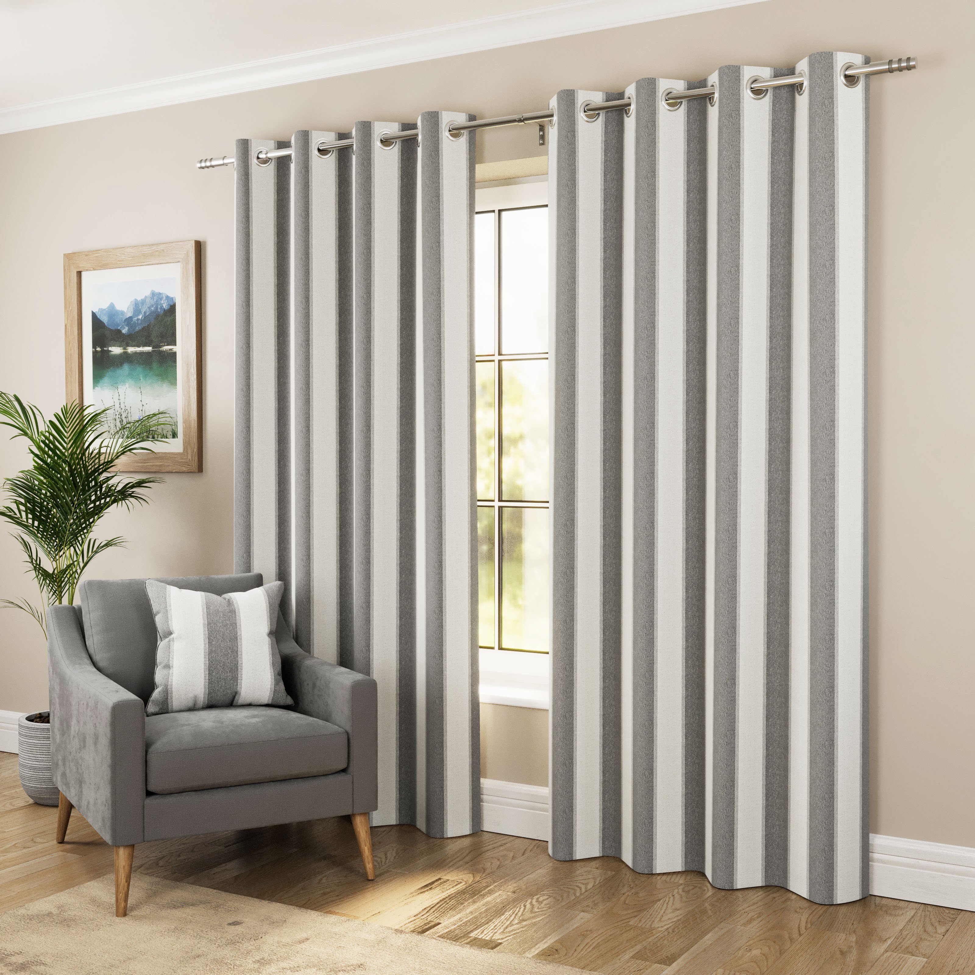 Enhanced Living Marlow Striped Blackout Eyelet Curtains - 117 x 137cm - Grey