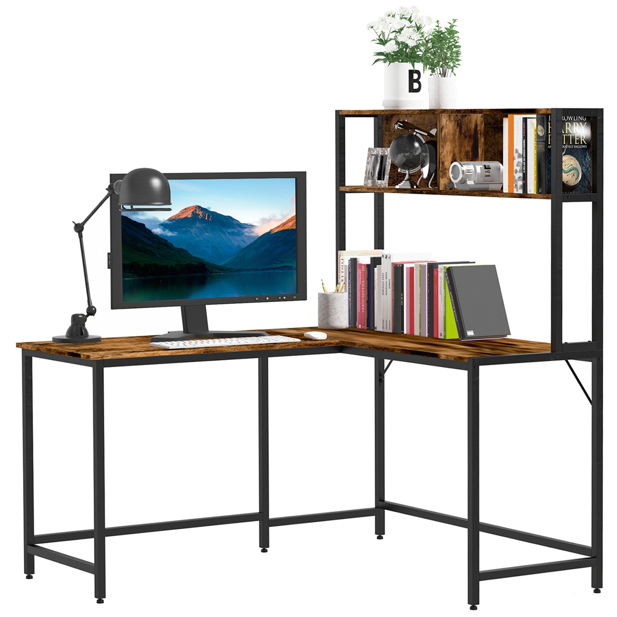 HOMCOM L Shaped Industrial Corner Computer Desk with Book Shelf - Brown