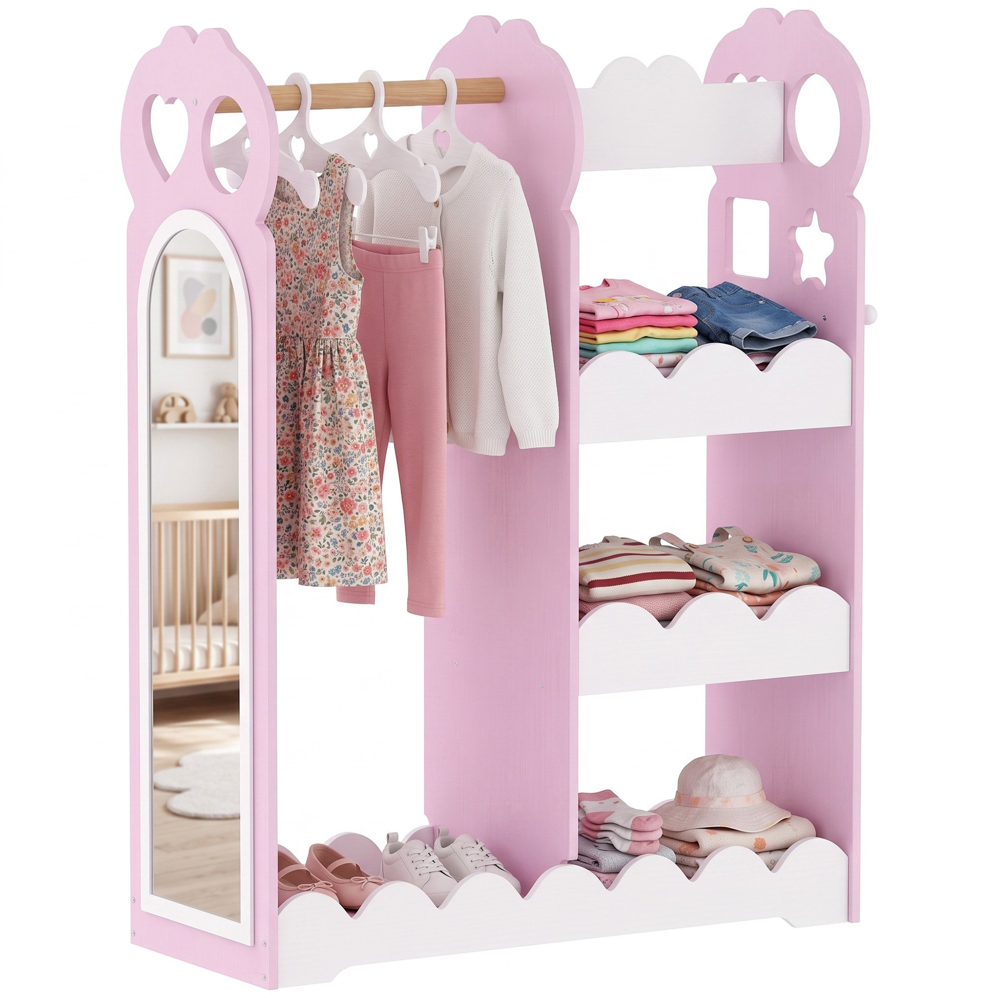 AIYAPLAY Kids MDF Mirror Clothes Rail 3 Tier Shelves Wardrobe – Pink