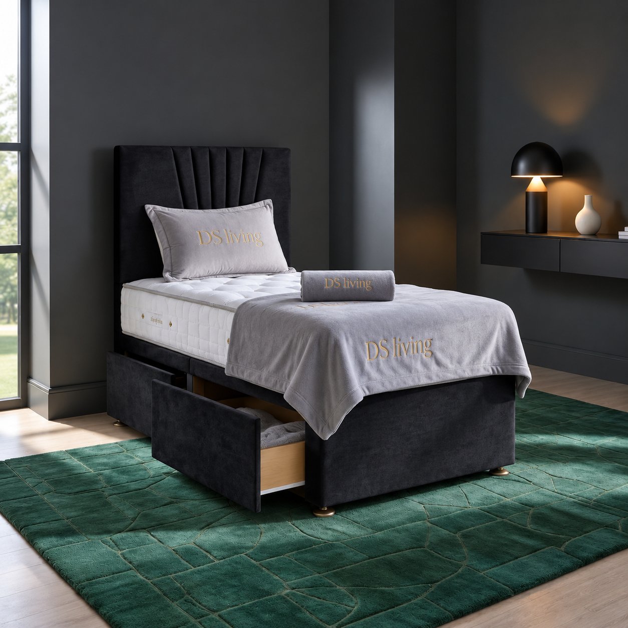 DS Living Elysian Single 2 Drawer Upholstered Divan Bed Frame - Black