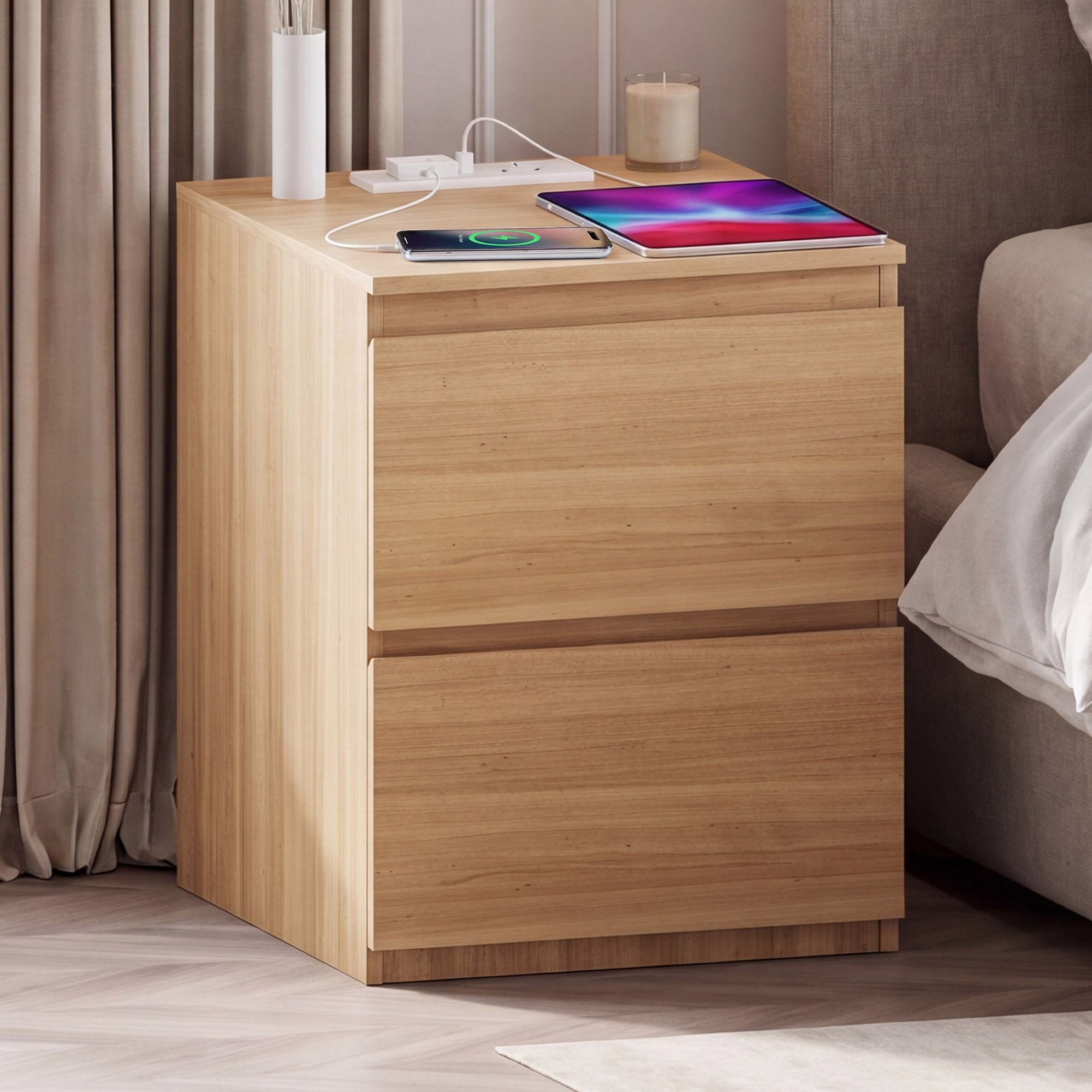 Vida Designs Denver 2 Drawer Large Bedside Chest with Power Outlet - Pine