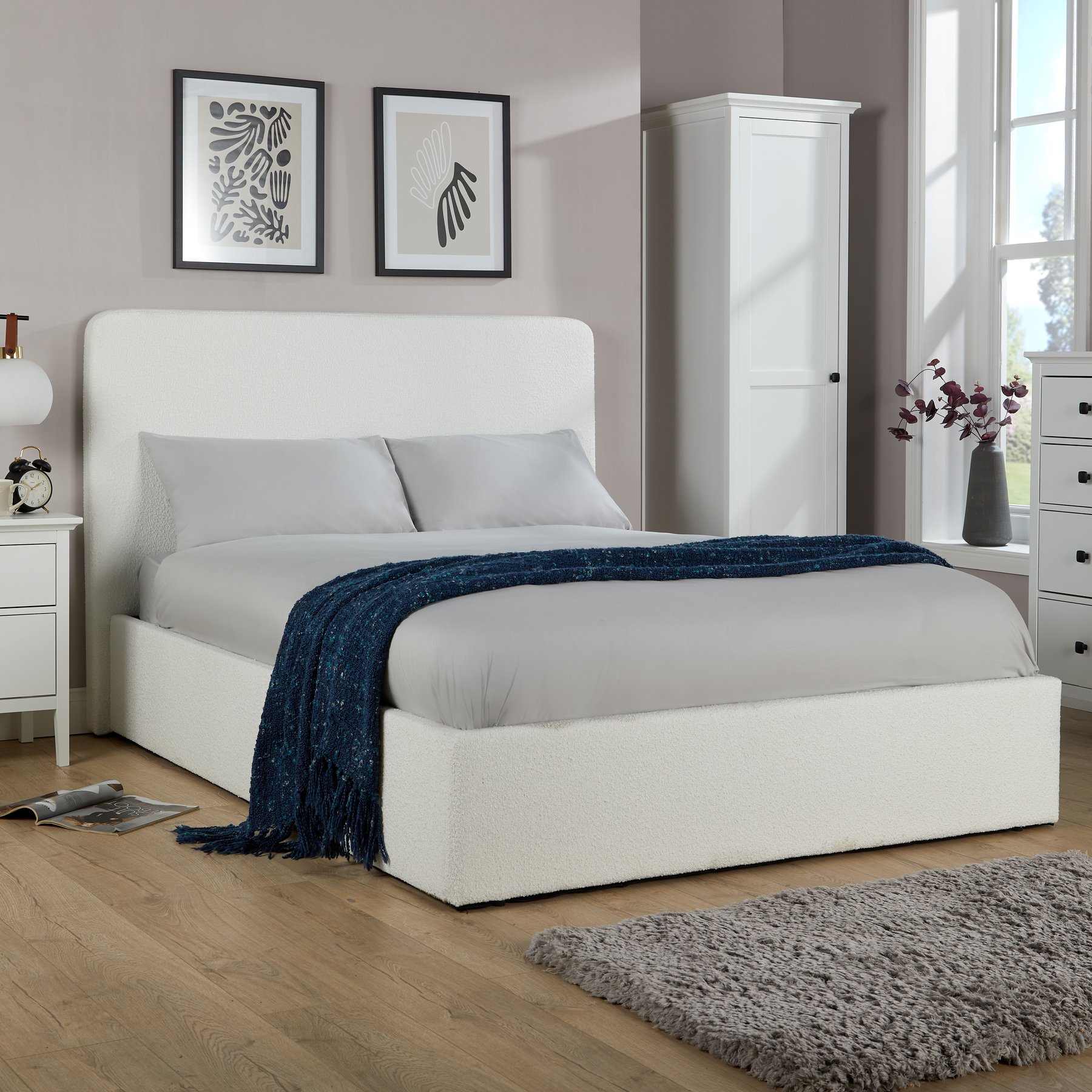 Home Source Serenity Boucle Ottoman Storage Small Double Bed - Cream
