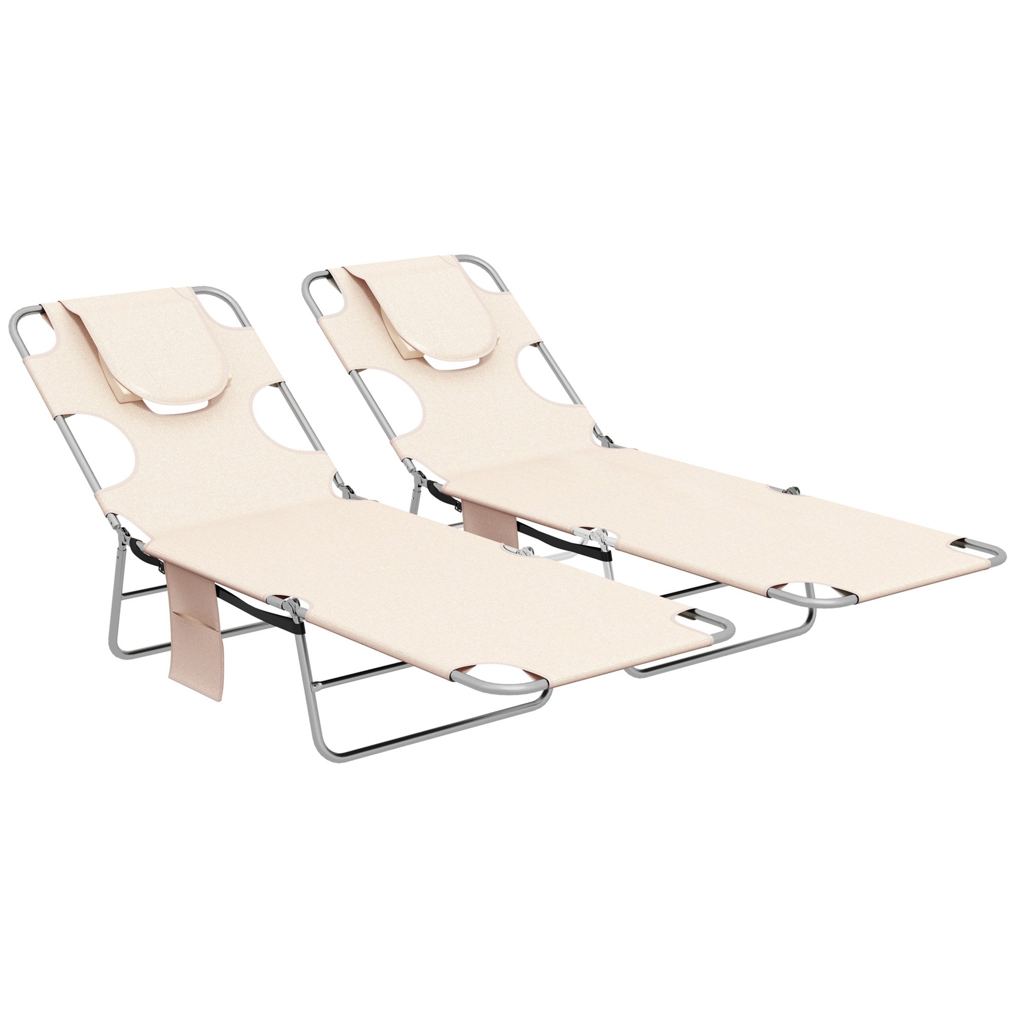 Outsunny Set of 2 Foldable 5-Position Reading Hole Sun Loungers – Beige
