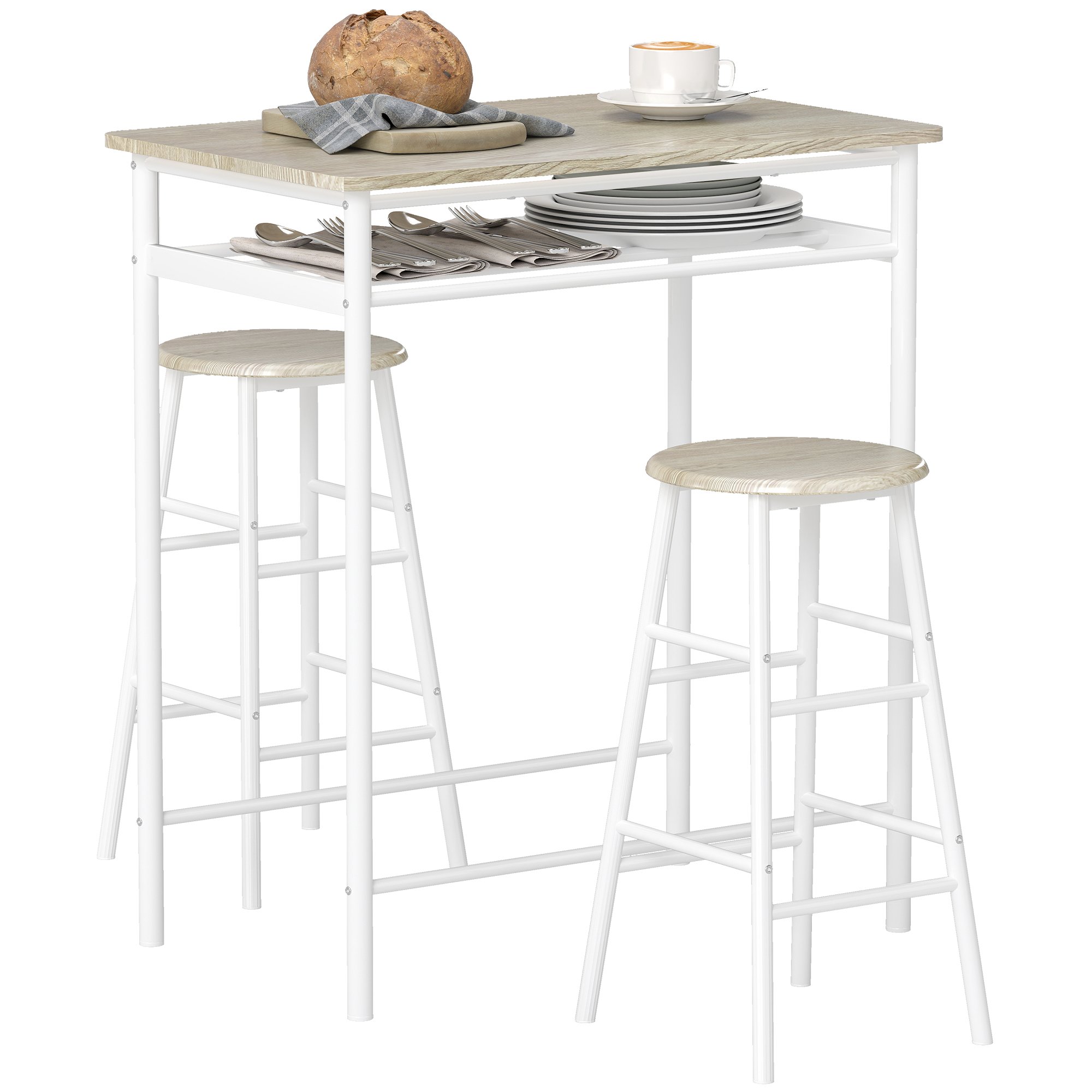 HOMCOM 3 Piece Bar Table and 2 Stools Set with Storage Shelf - White Oak
