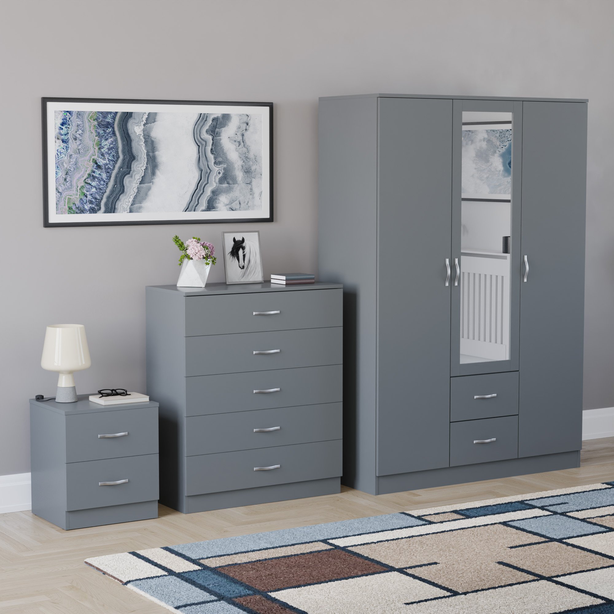 Vida Designs Riano Bedroom Set (Bedside, 5 Drawer Chest, Mirror Wardrobe) - Grey