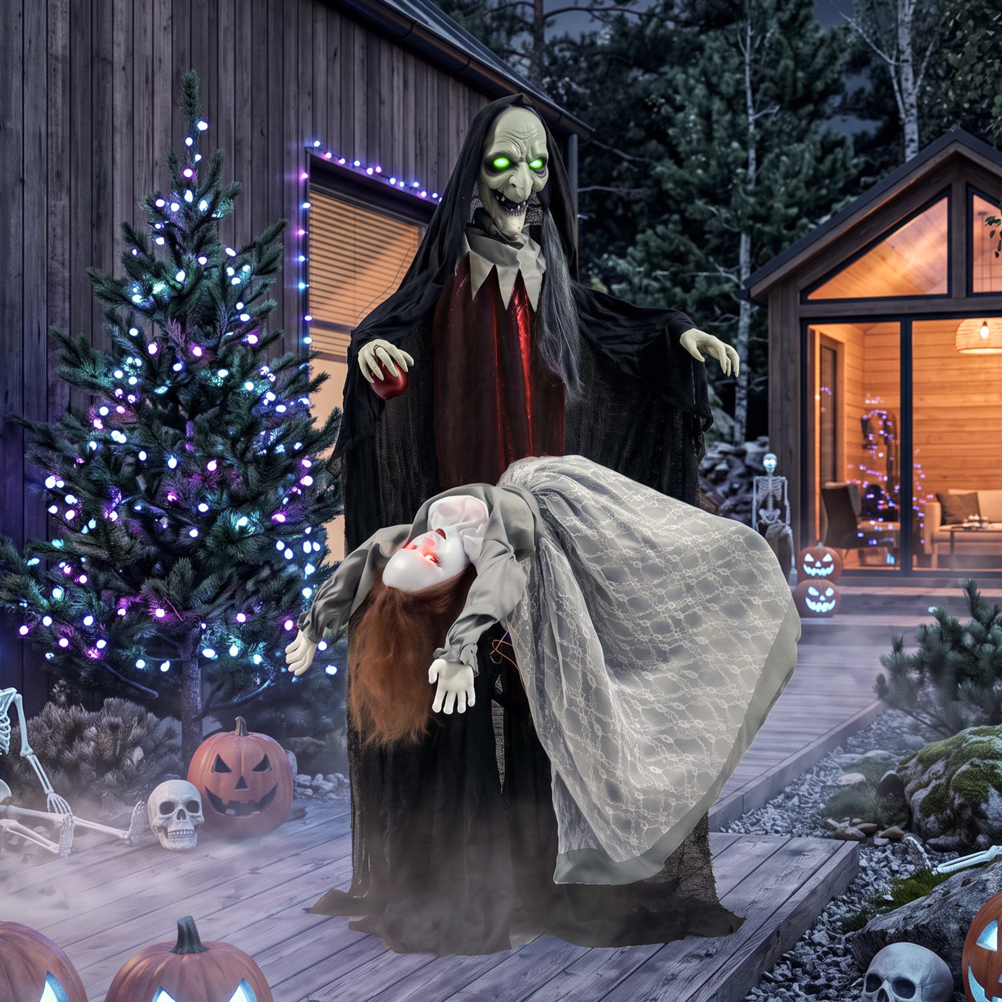 HOMCOM Animated Halloween Standing Witch with Floating Ghost Decoration