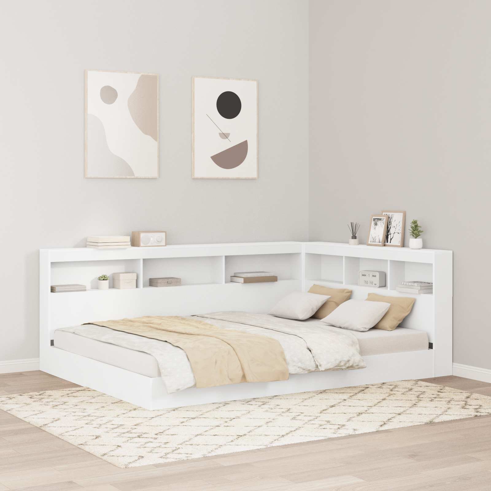 Walplus Engineered Wood Storage Headboard - White - 217.5 x 157.5 x 76.5 cm