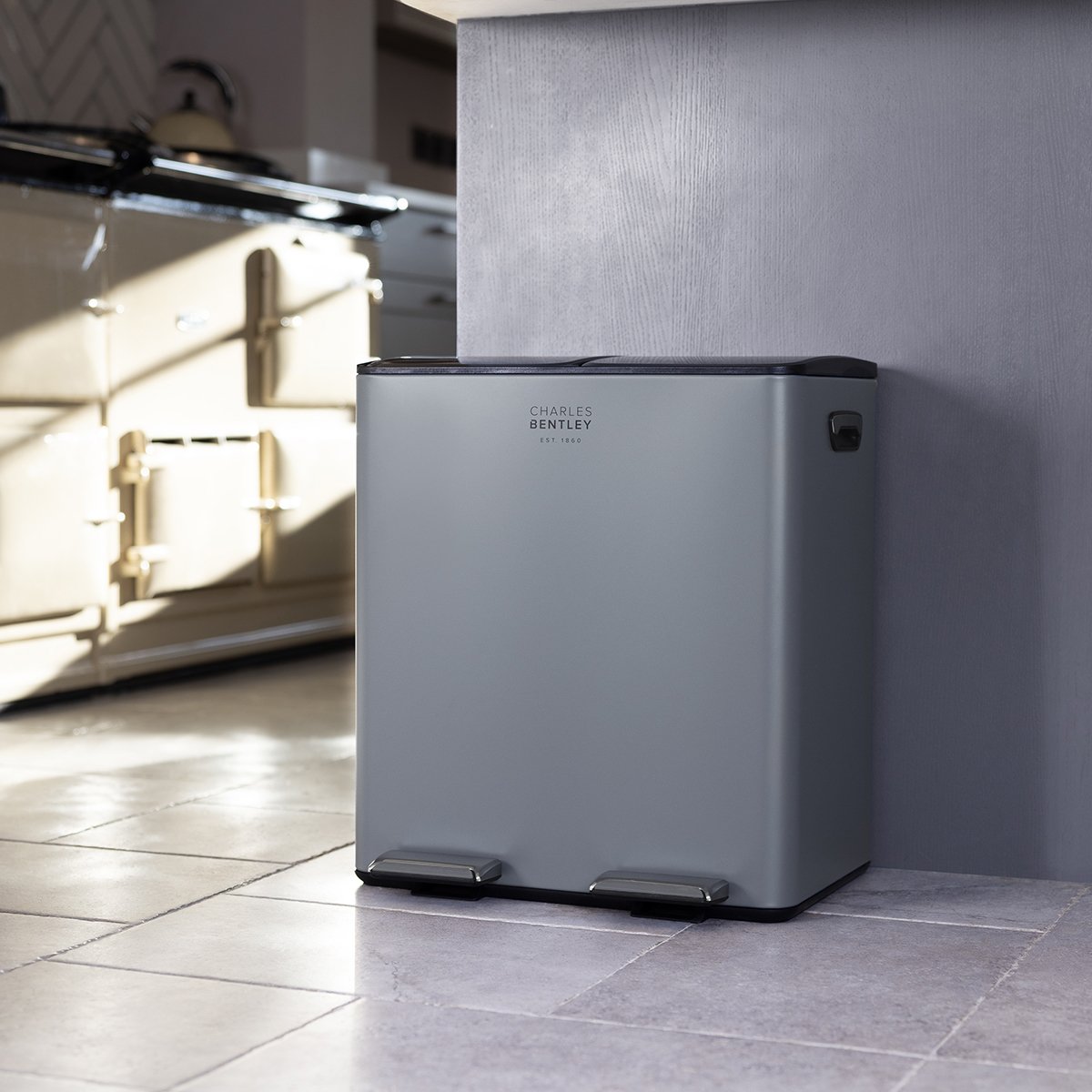 Charles Bentley 40L Double Compartment Grey Kitchen Bin - Grey