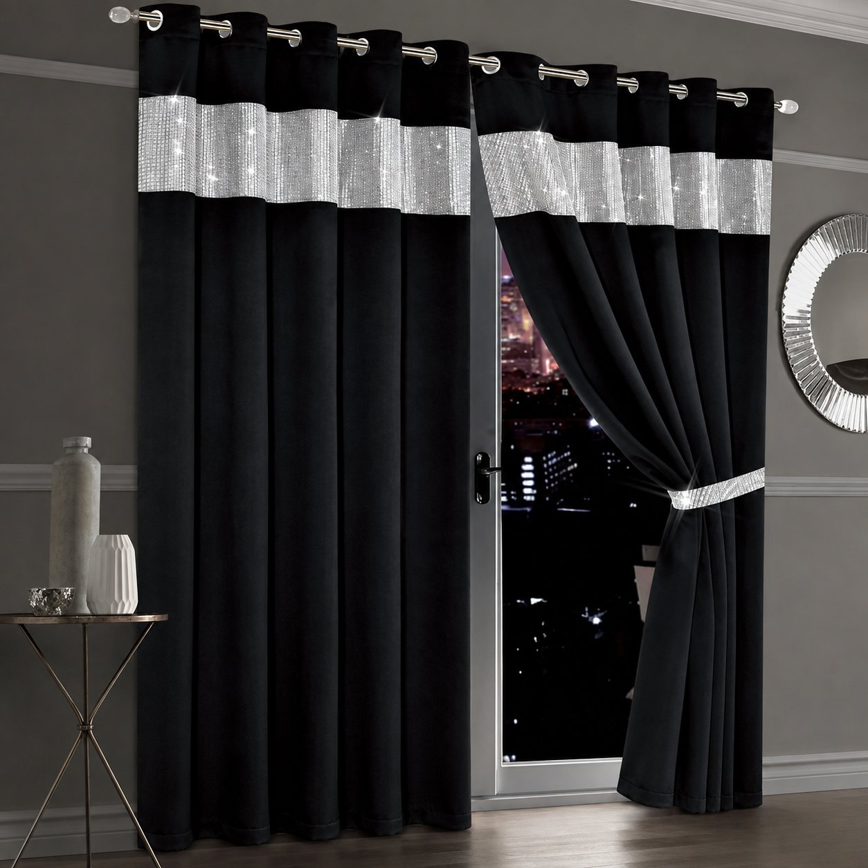 New Edge Blinds Black Diamante Blackout Eyelet Curtains - 167cm x 137cm