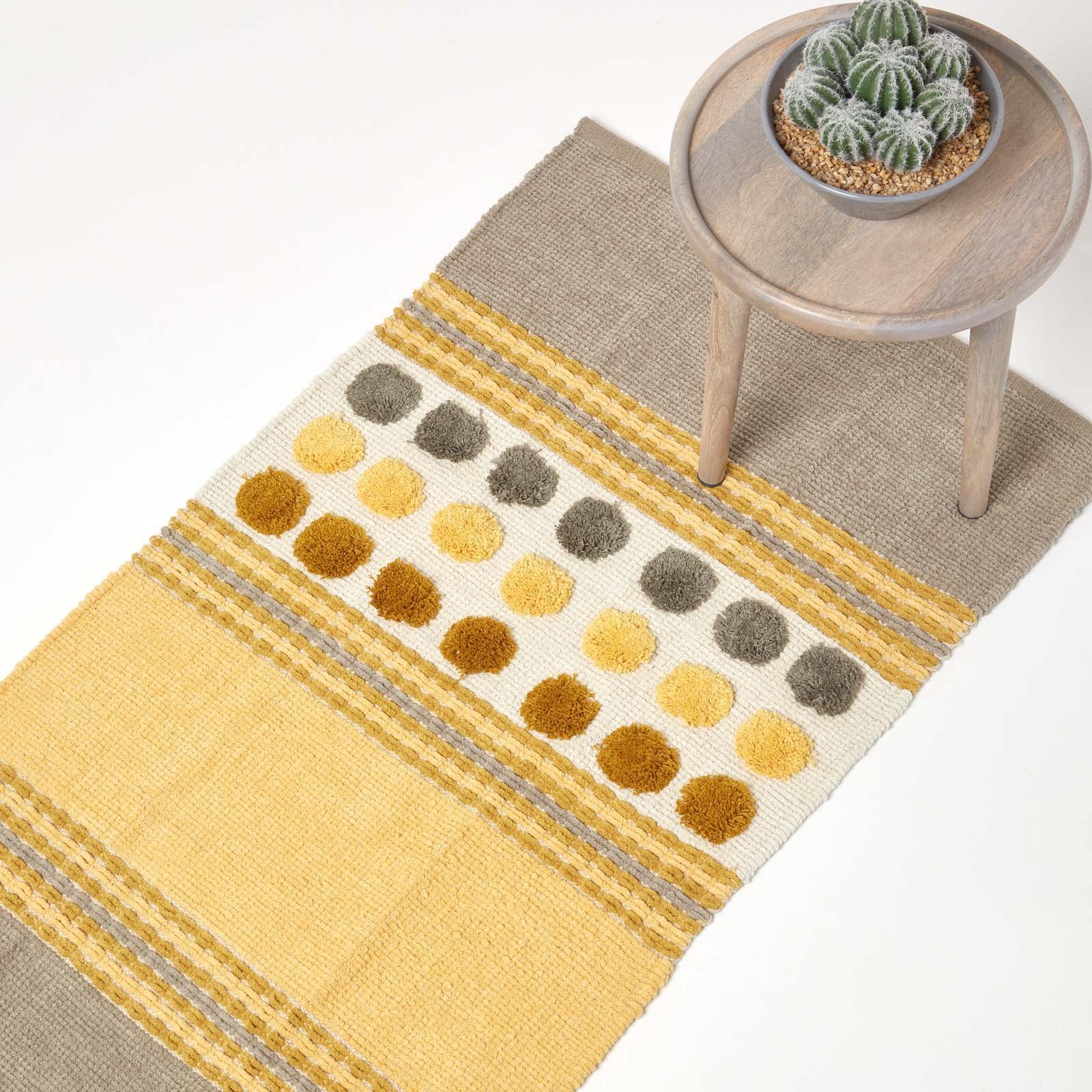 Homescapes Grey & Mustard Cotton Chenille Tufted Circle Runner - 66 x 200cm
