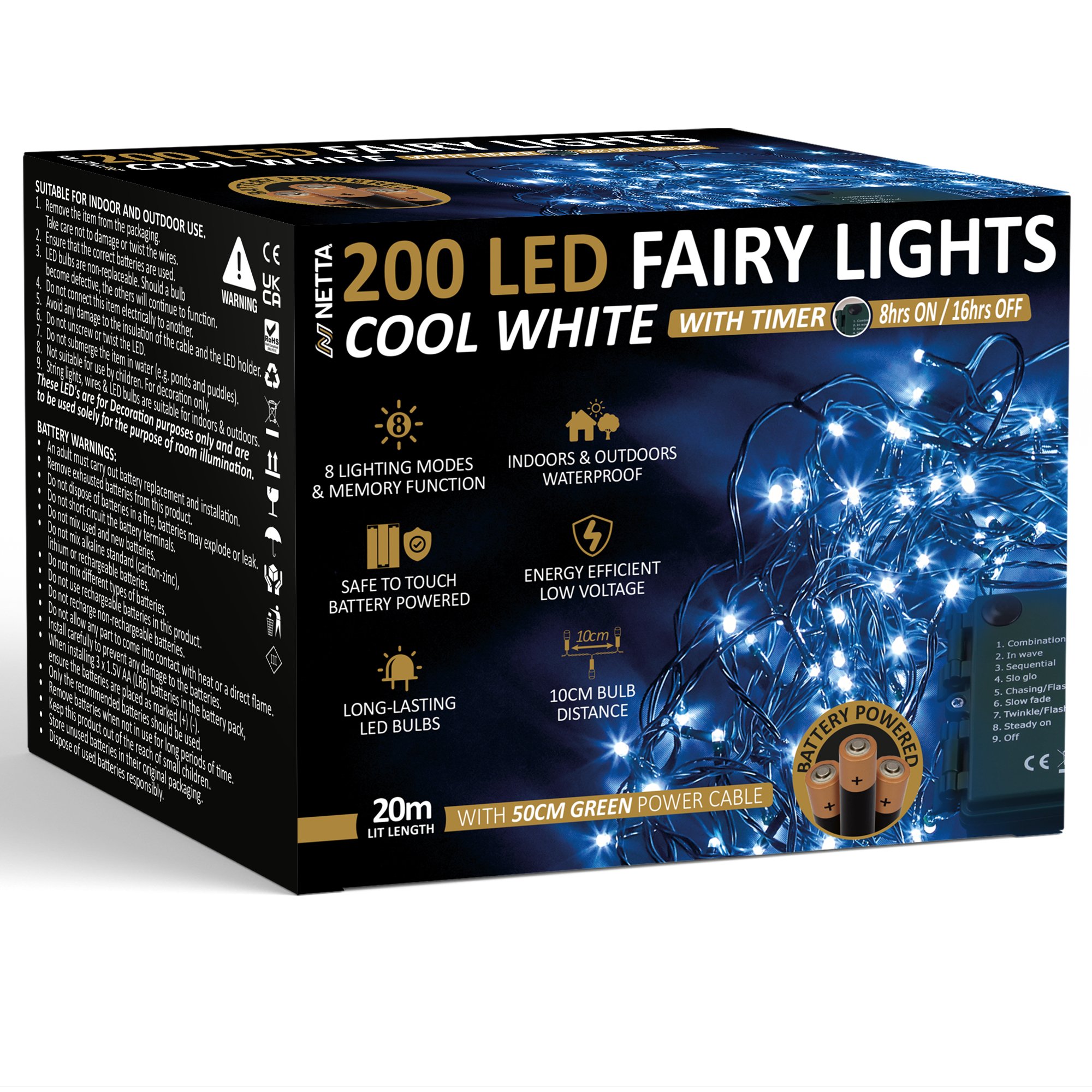 NETTA 20m 200 LED Battery Operated Christmas Fairy Lights - Cool White