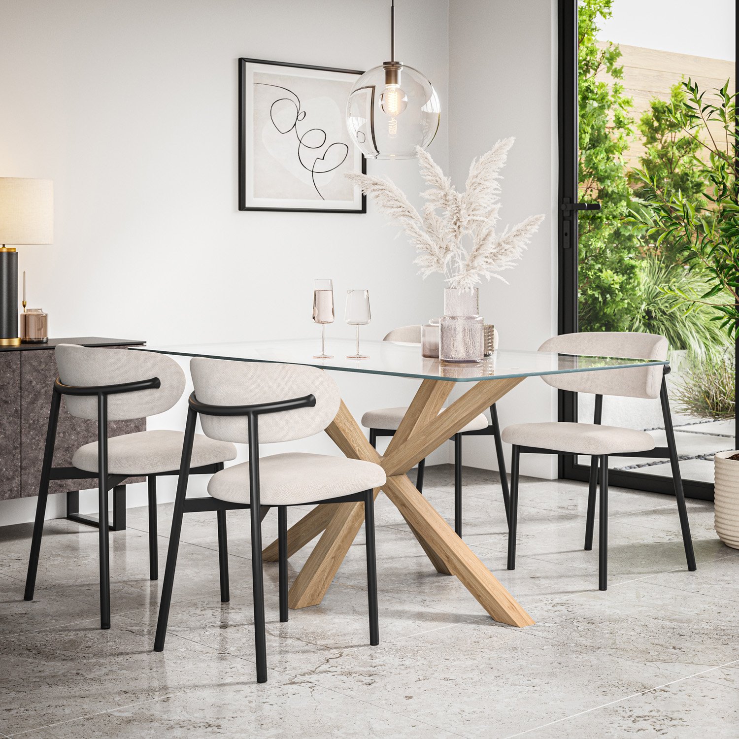 Furniture Online Etta Glass Dining Table & 4 Myla Beige Chairs