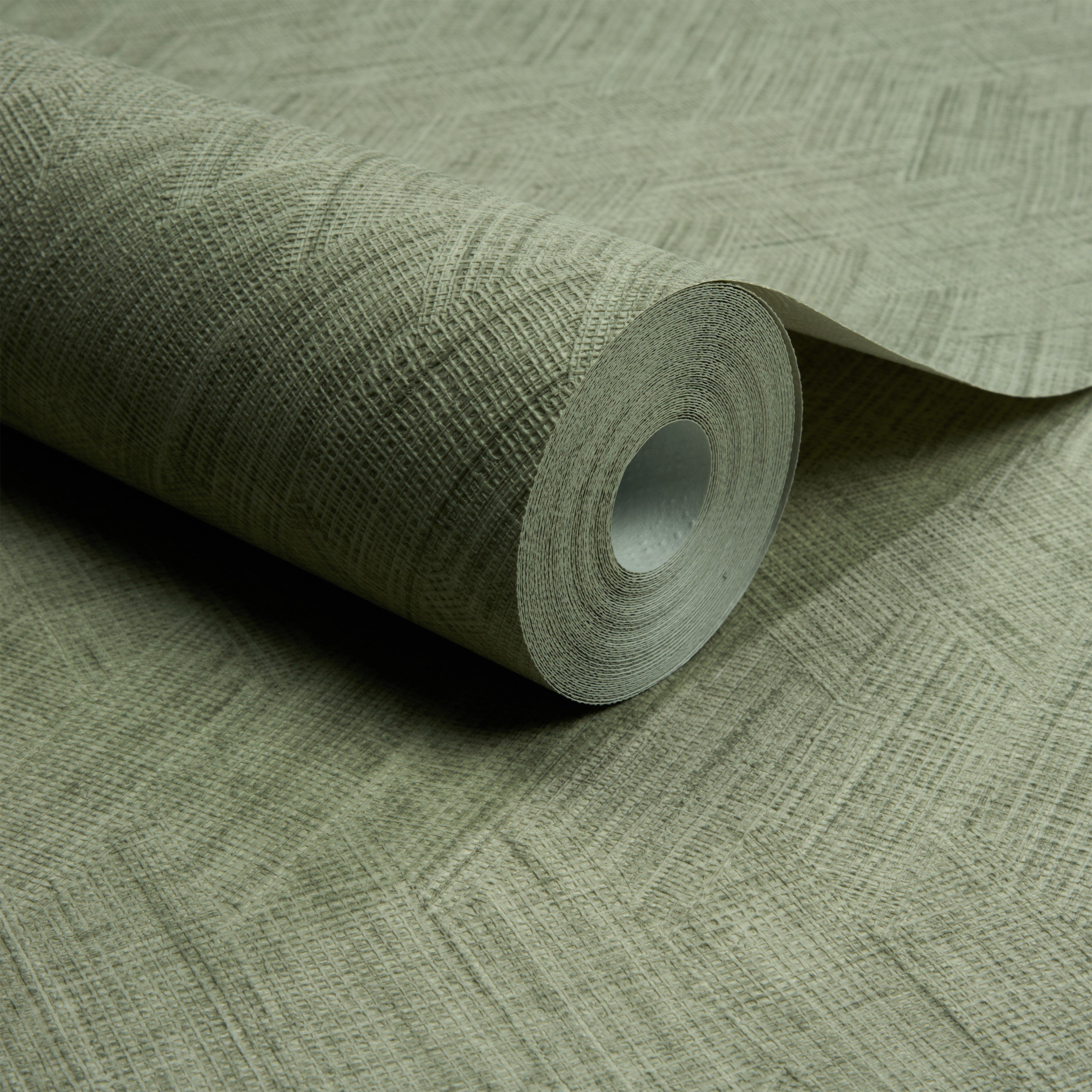 Grandeco Yuno Geometric Fabric Diamond Weave Textured Wallpaper - Khaki Green