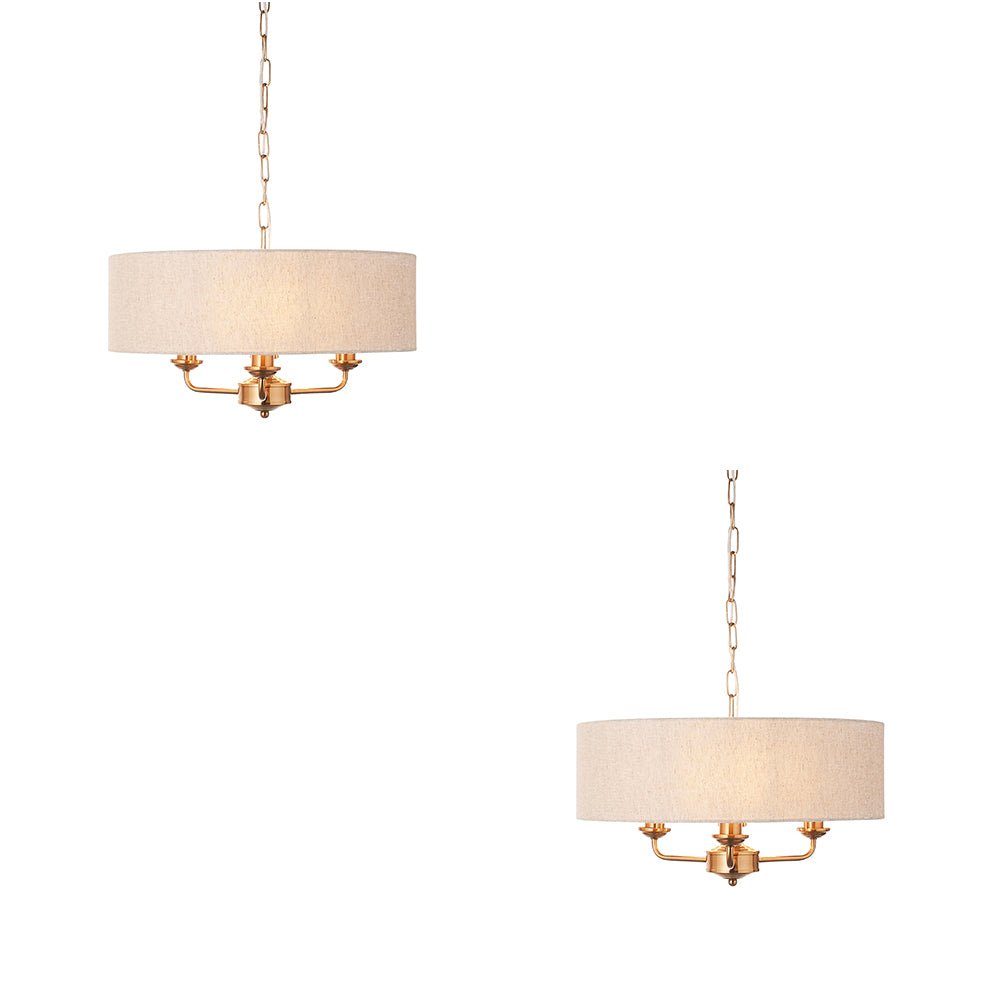 Loops Direct Set of 2 Steel 100% Linen 3-Light Pendant - Vintage Brass