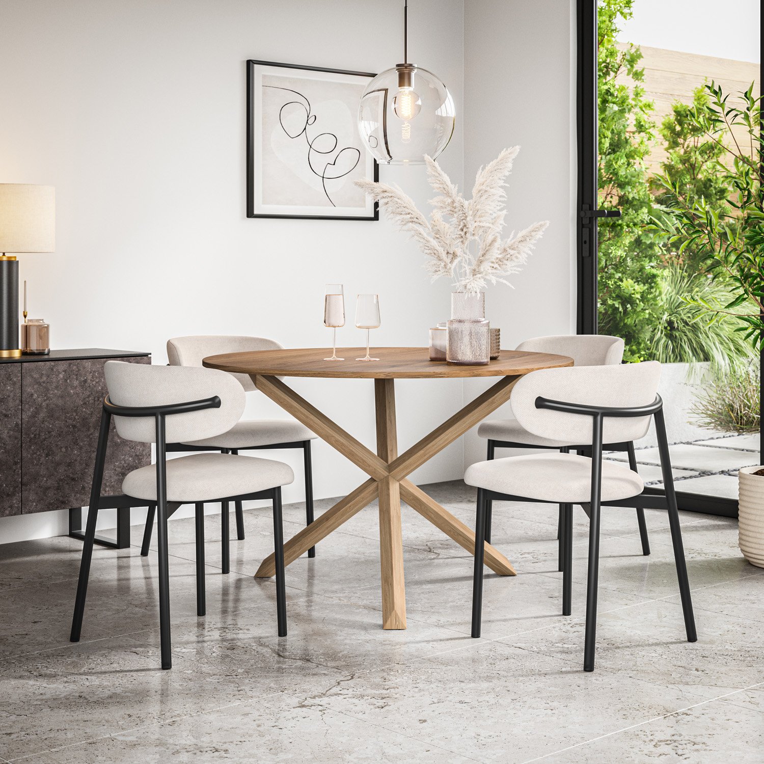 Furniture Online Malvern Round Oak Effect Dining Table & 4 Myla Beige Chairs
