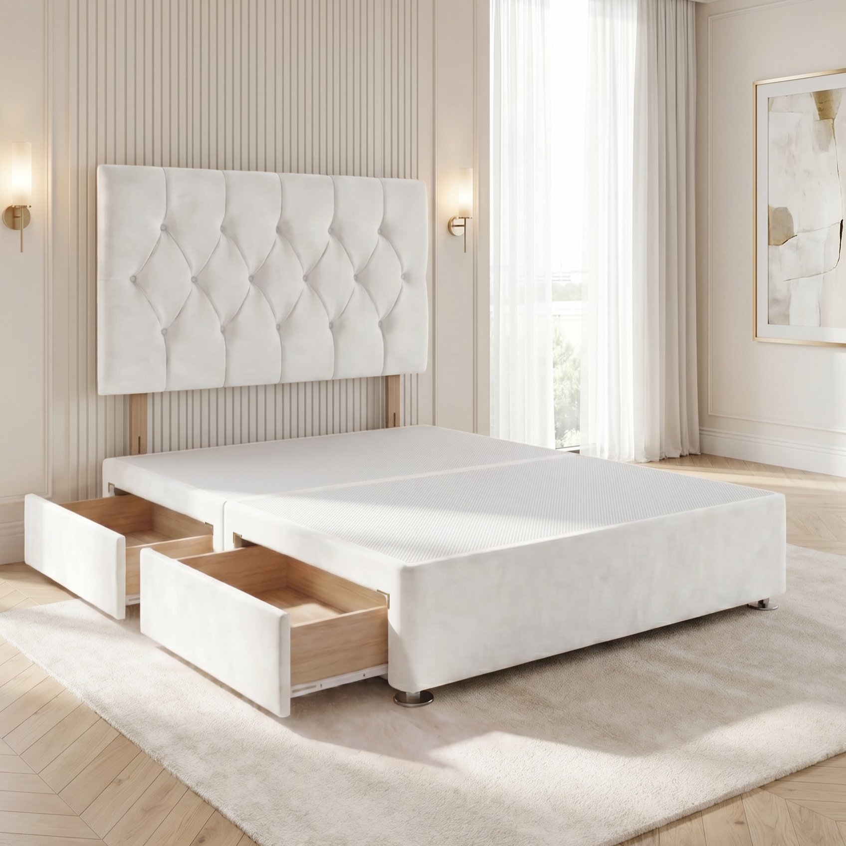 Somnior Chester Velvet Small Single 2 Drawer Divan Bed with Headboard - White