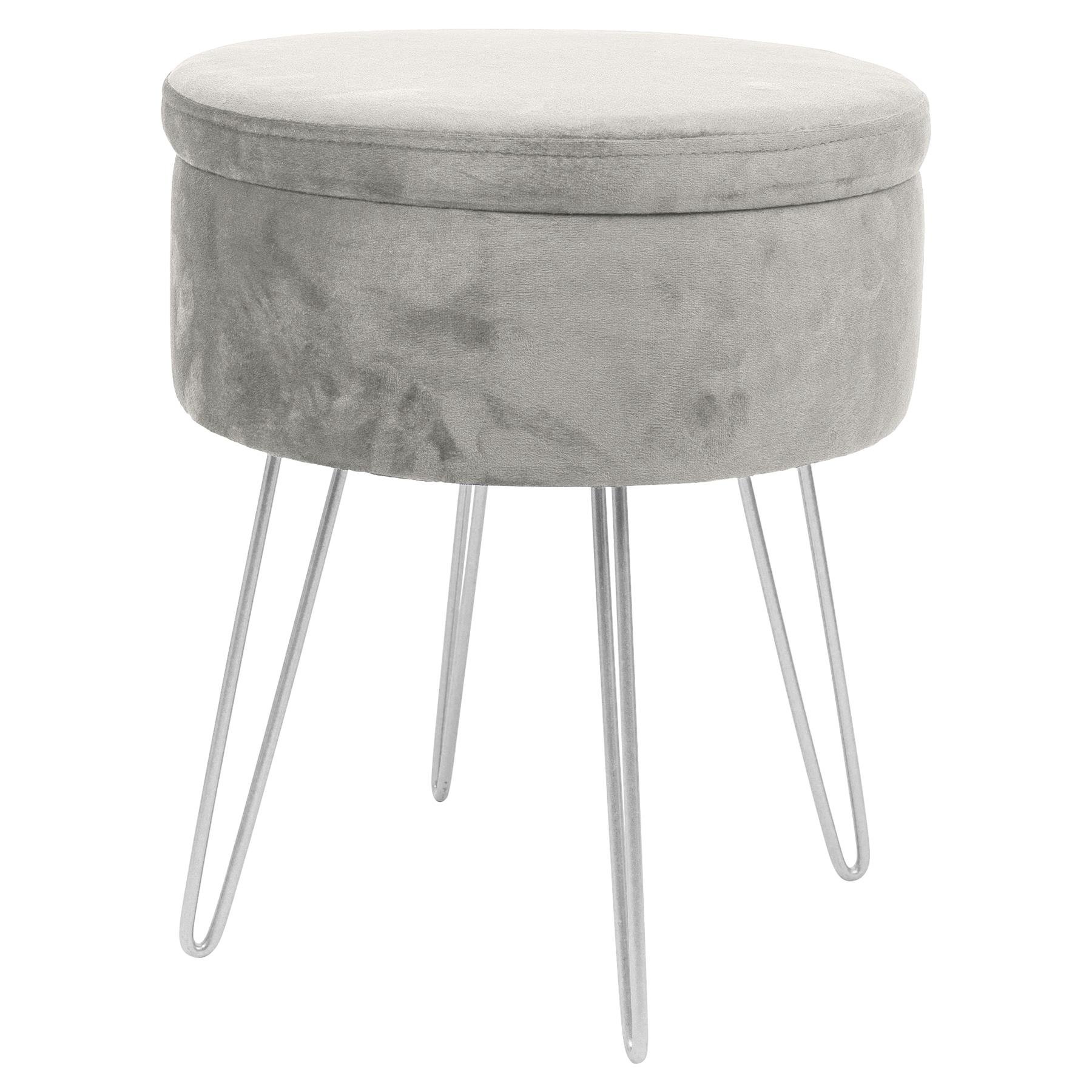 Harbour Housewares Round Velvet Storage Footstool with Silver Legs - Grey
