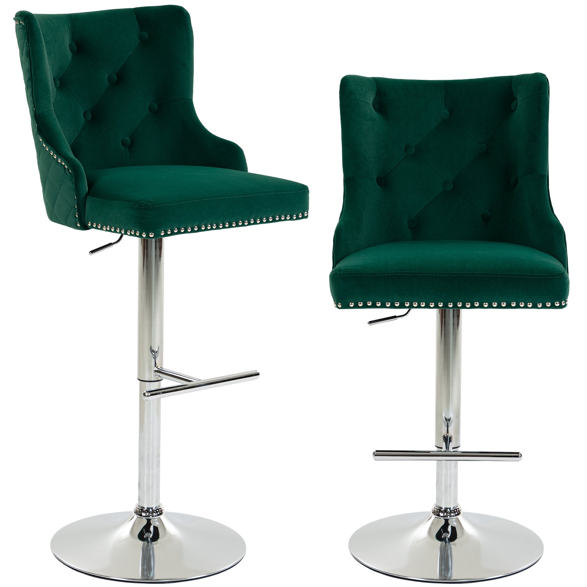 HOMCOM Set of 2 Velvet Bar Stools with Button Tufted Back and Footrest - Green