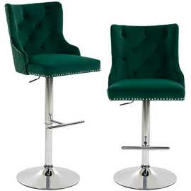 HOMCOM Set of 2 Velvet Bar Stools with Button Tufted Back and Footrest - Green