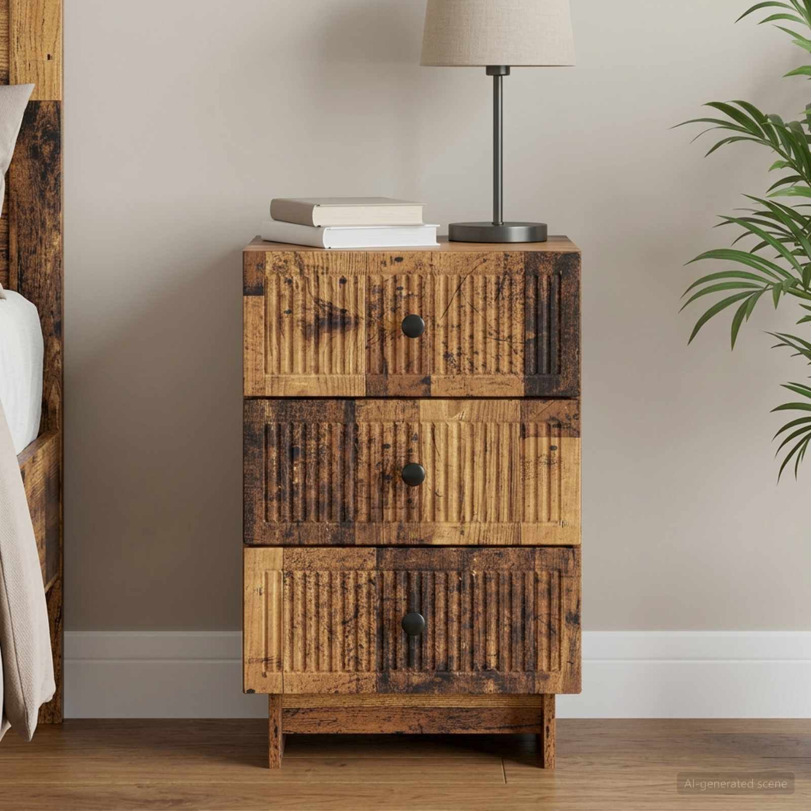 Walplus Engineered Wood Bedside Cabinet - Dark Wood - 43 x 41 x 66.5 cm
