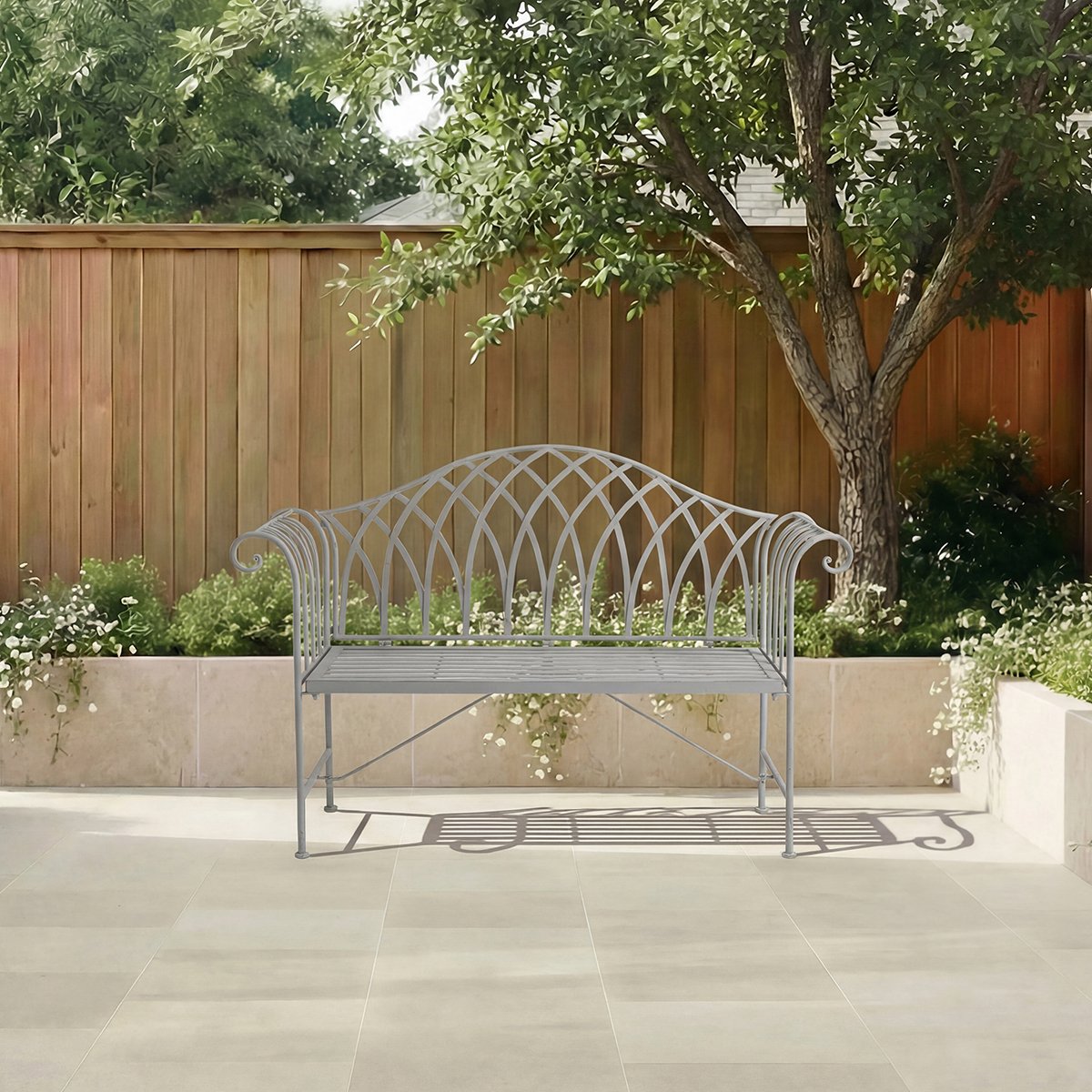 Charles Bentley Decorative Rustic Metal Garden Bench - Grey