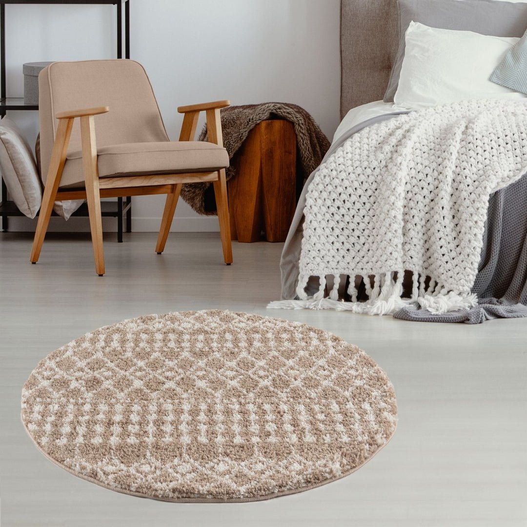 The Rugs Beige Moroccan Shaggy Tribal Round Rug - 120cm