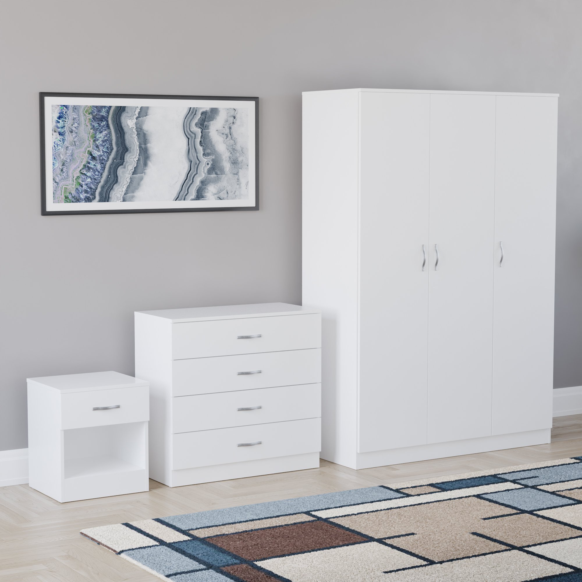 Vida Designs Riano Bedroom Set (Bedside, 4 Drawer Chest, 3 Door Wardrobe)- White