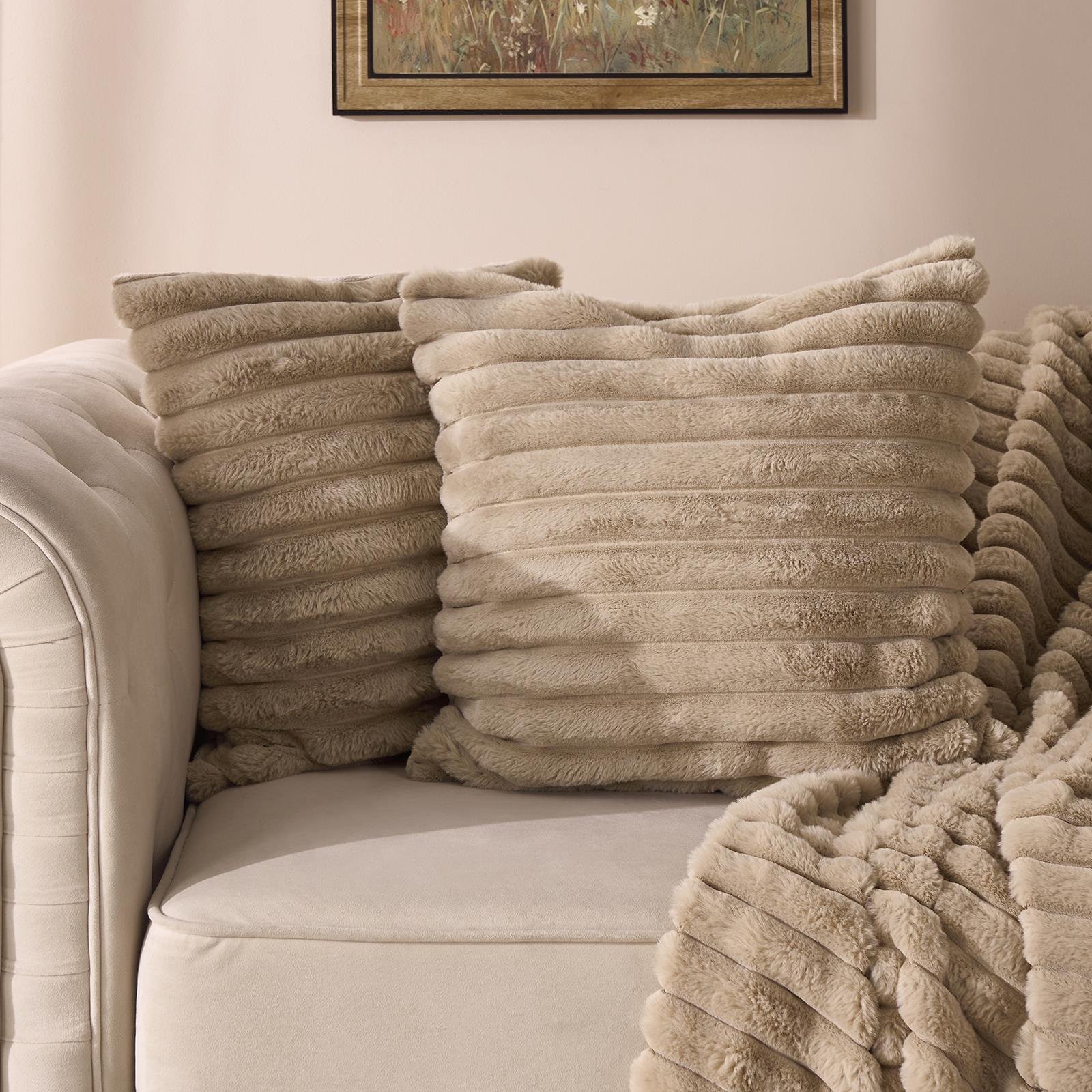 OHS 2 Pack Faux Fur Thick Rib Cushion Covers 45 x 45cm - Mink