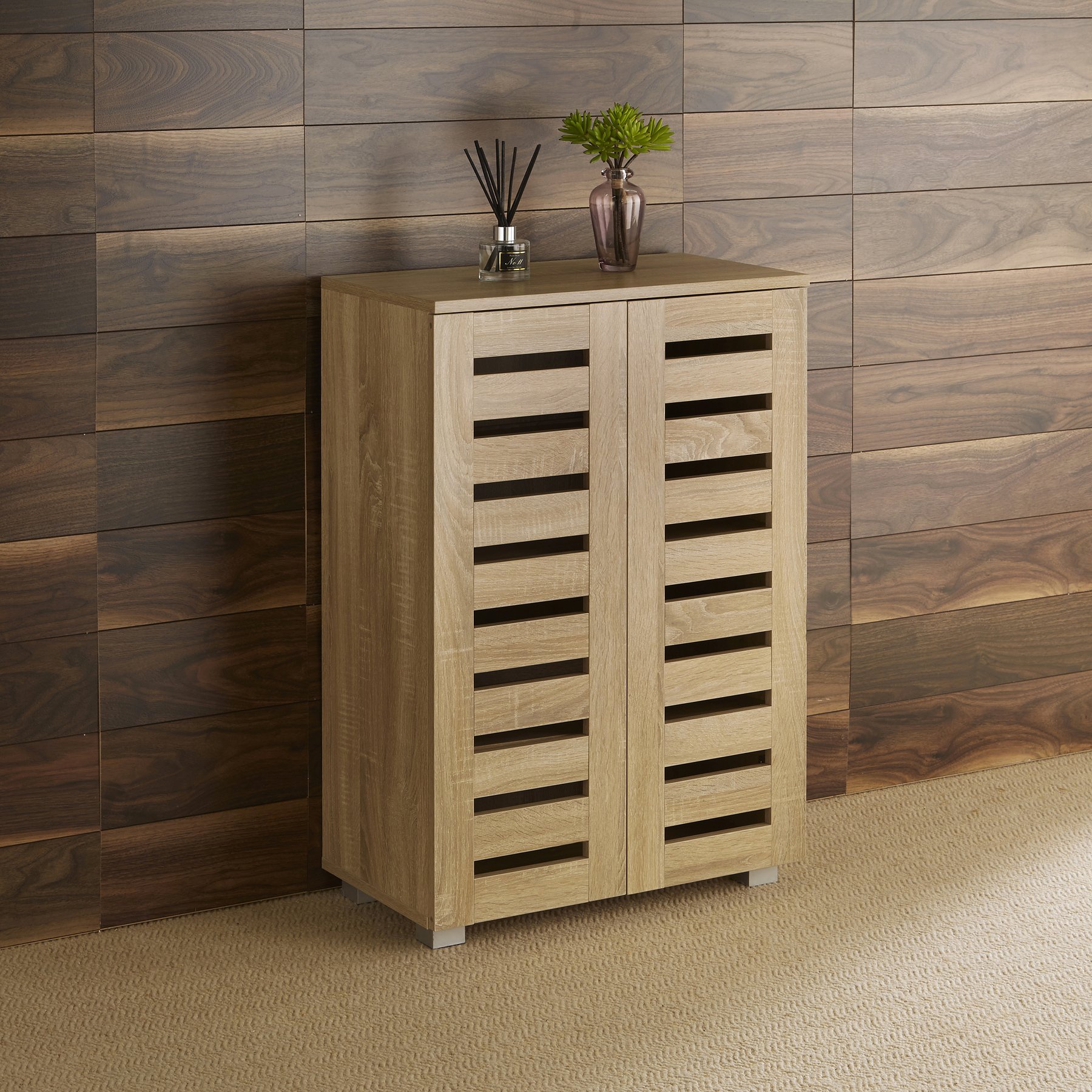 Home Source Oslo 2 Door Shoe Storage Cabinet - Oak