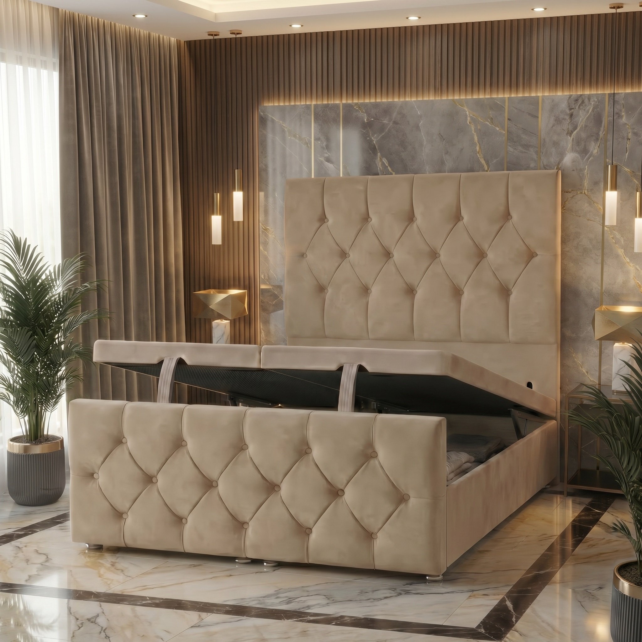 Somnior Chester Velvet Single Ottoman Divan Bed with Footboard - Beige