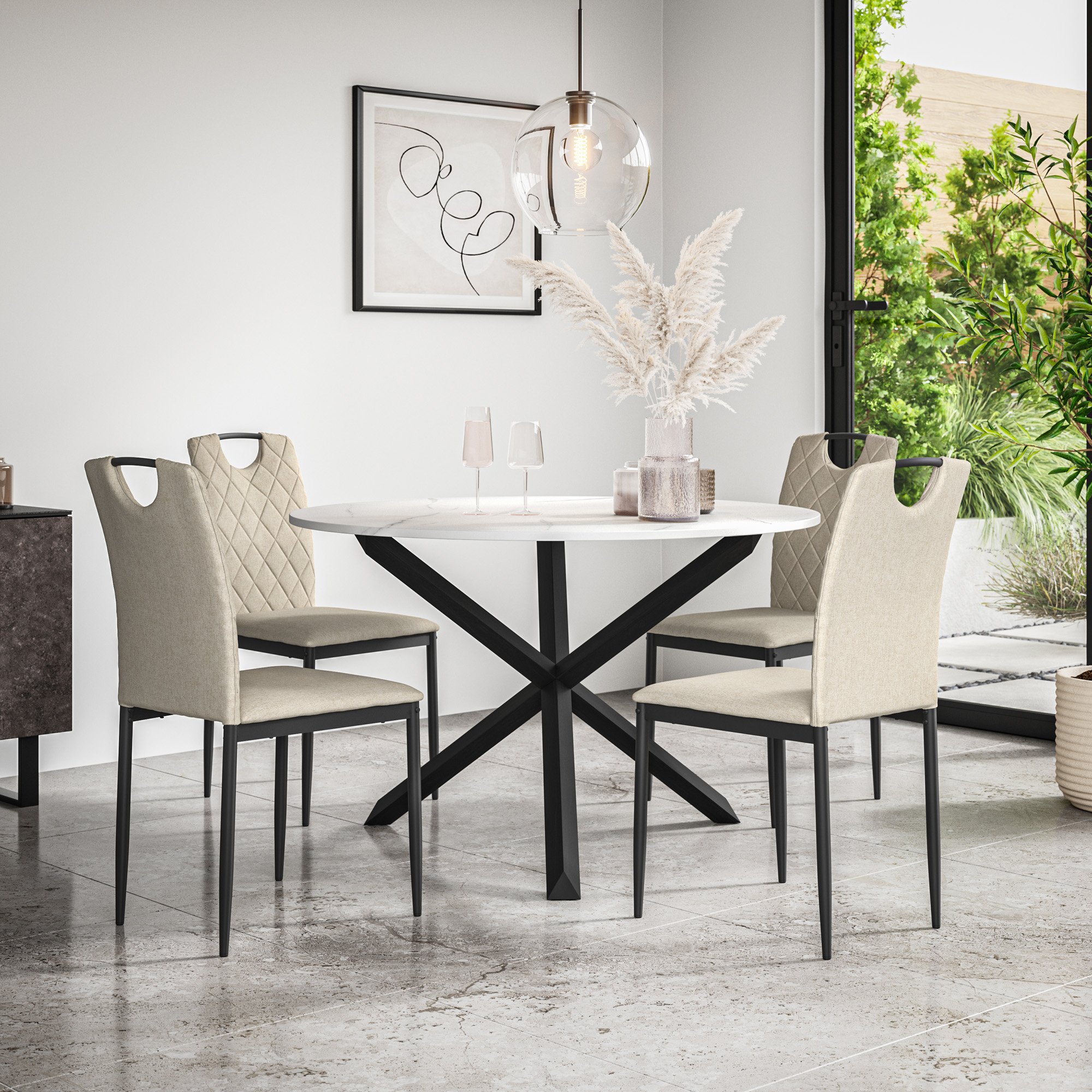 Furniture Online Malvern Monza Marble Top Dining Table & 4 Beige Chairs