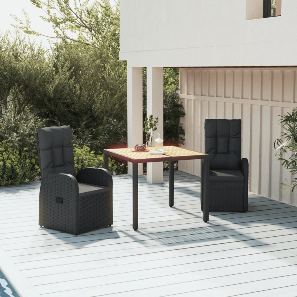 Walplus 3 Piece Poly Rattan Garden Dining Set - Black - 90 x 90 x 75 cm