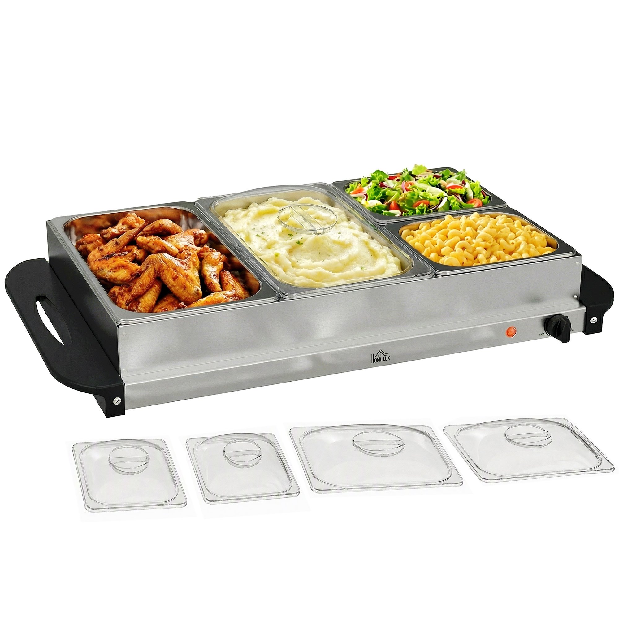 HOMCOM 4 Tray 2 x 2.4L and 2 x 1L 300W Stainless Steel Buffet Server – Silver