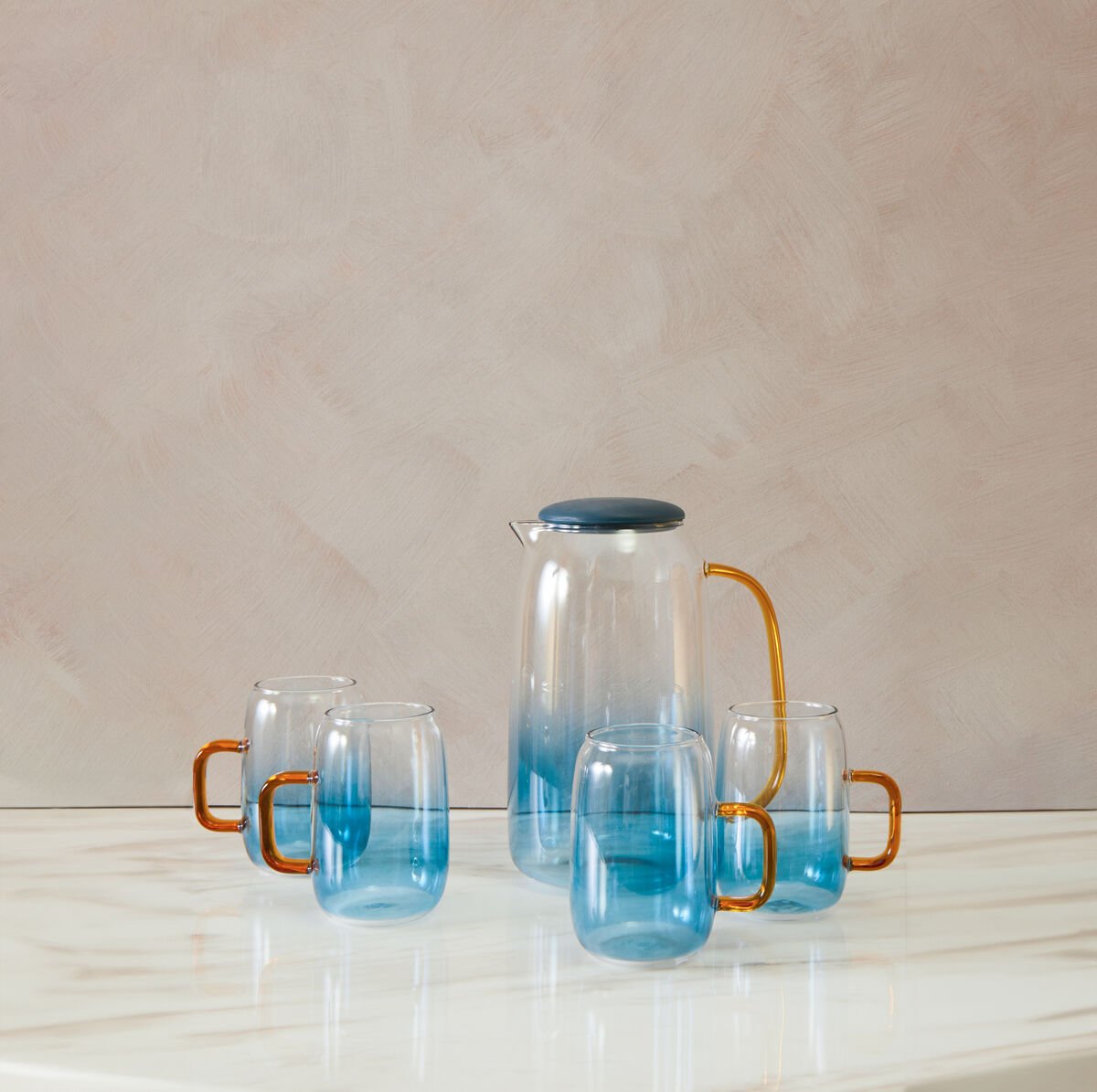 Orsina Noa Glass Ombre Pitcher and Cup Set – Blue, Clear