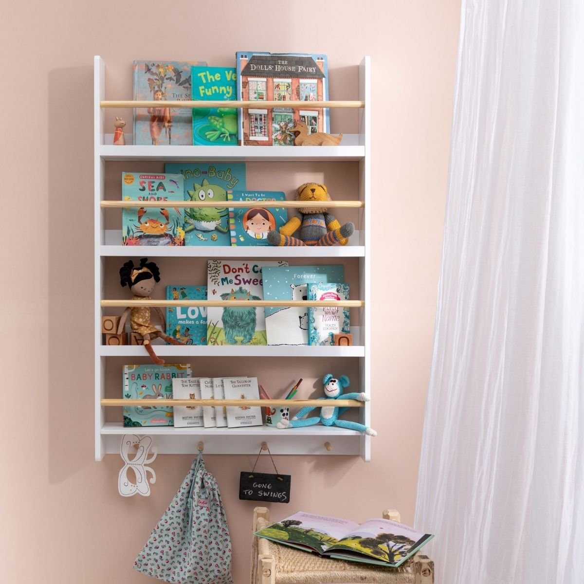 Noa & Nani Elene Large Wide Shelf Wall Mounted With 4 Coathooks - White