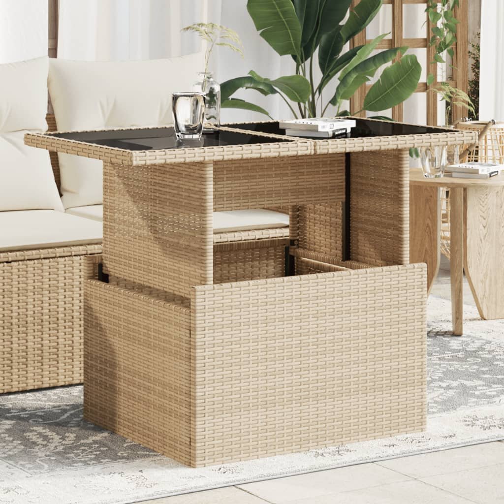 Walplus Poly Rattan Garden Table with Glass Top - Beige - 100 x 55 x 73 cm