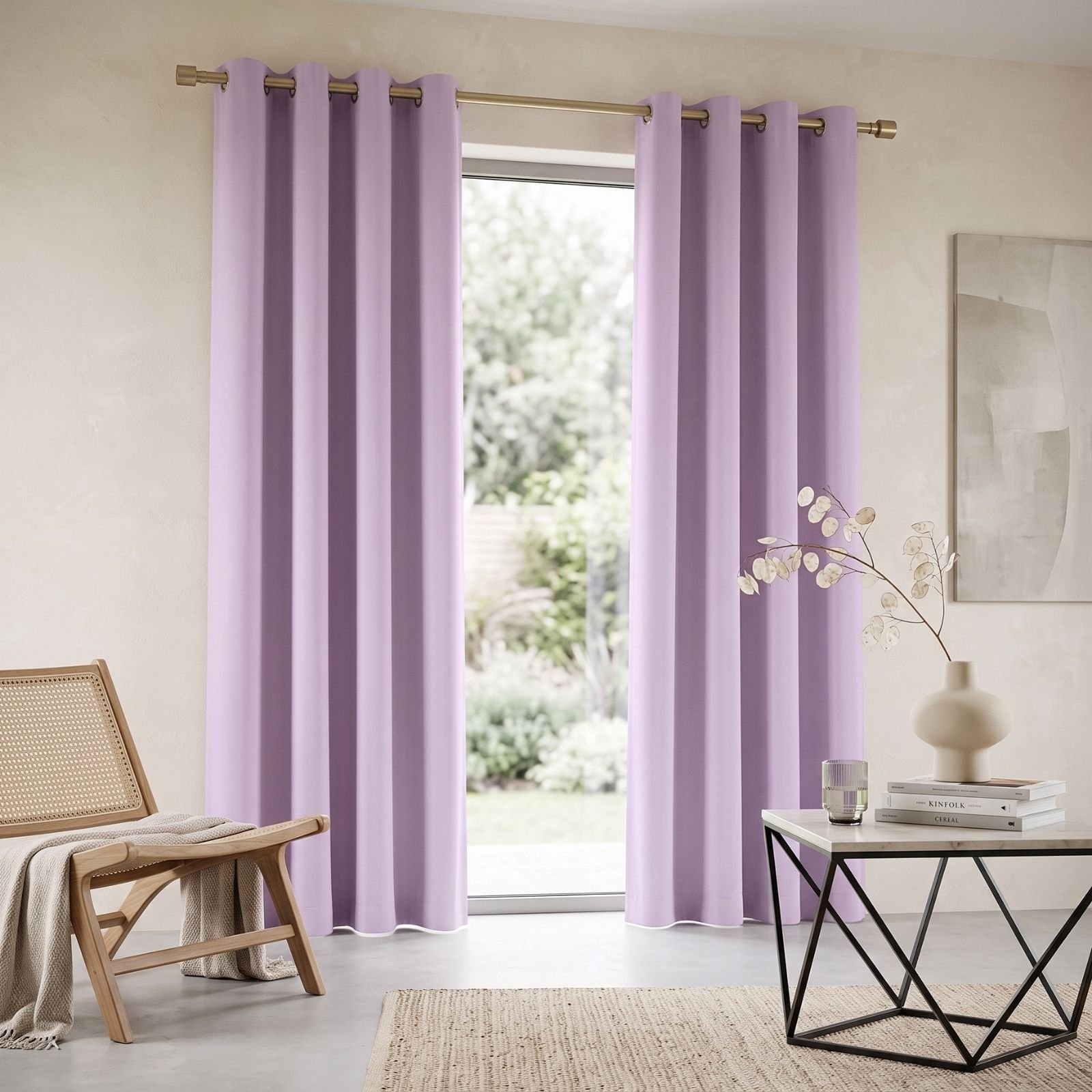 Homescapes Mauve Cotton Plain Ready Made Eyelet Curtains - 117cm x 137cm