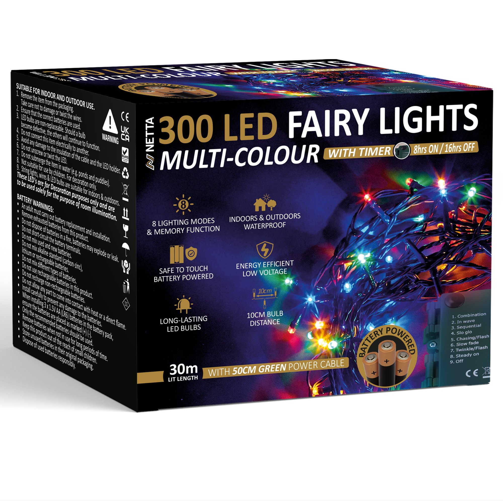 NETTA 30m 300 LED Battery Operated Christmas Fairy Lights - Multi Colour