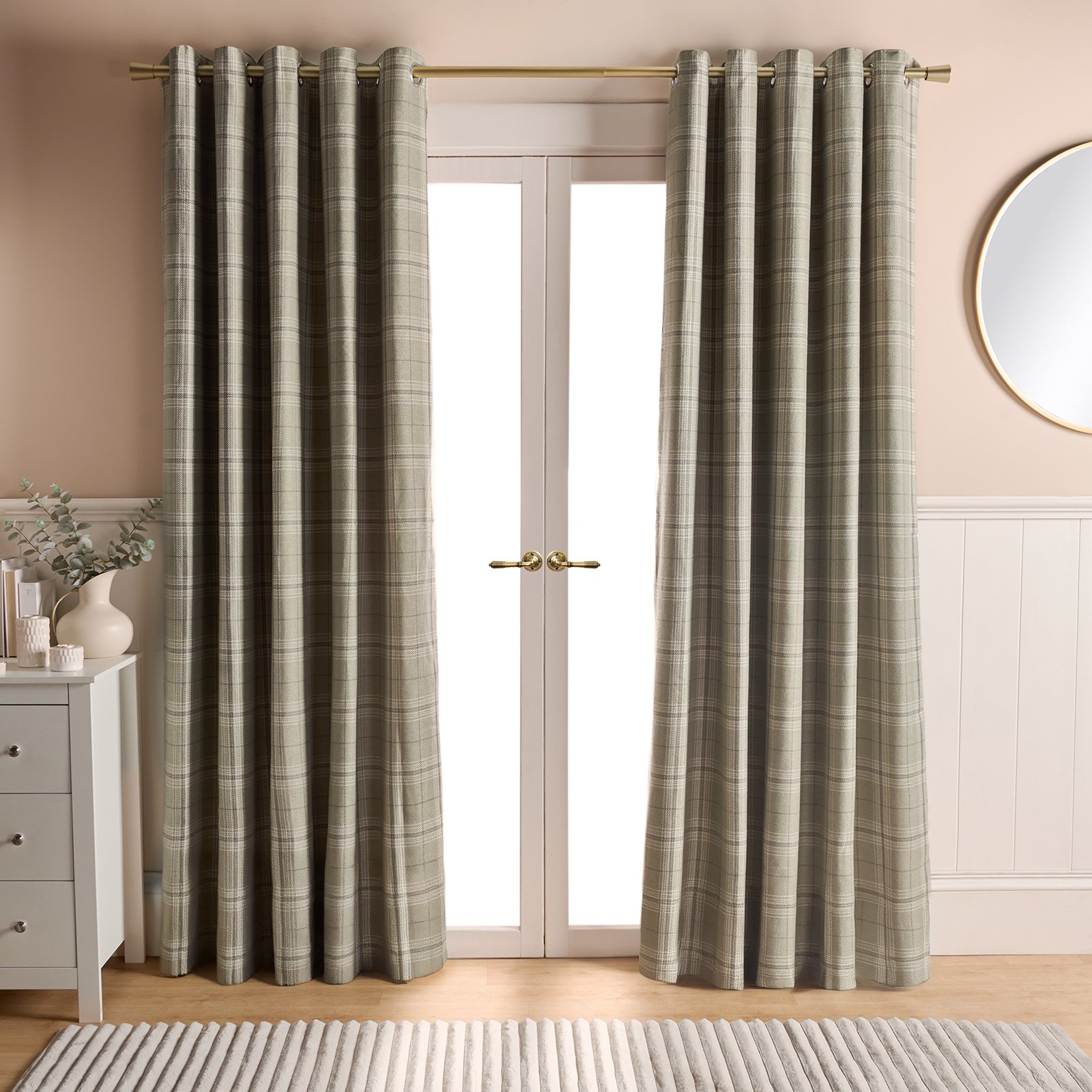 OHS Woven Check Eyelet Curtains 168 x 183cm - Sage