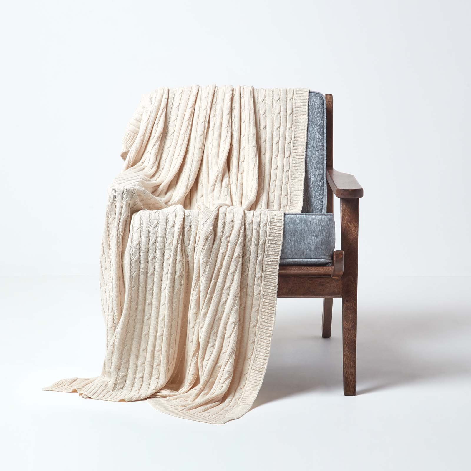 Homescapes Cotton Cable Knit Throw - 130 x 170 cm - Natural