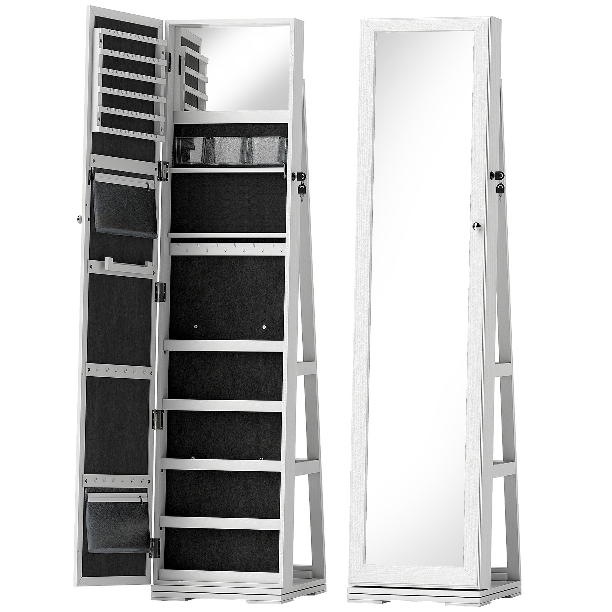 HOMCOM Swivel Jewellery Cabinet with Storage and Built in Mirror - White