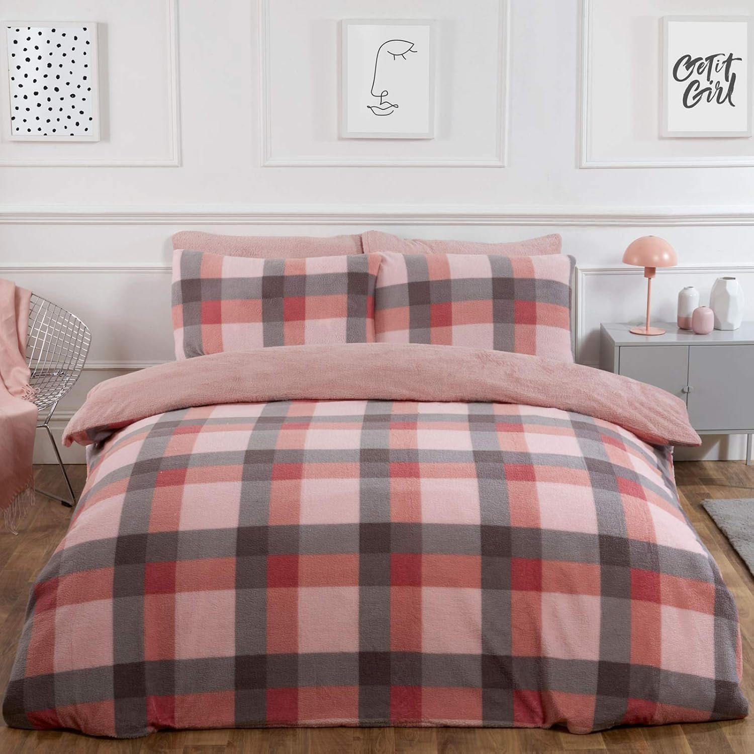 OHS Check Teddy Duvet Cover Set Blush - Double