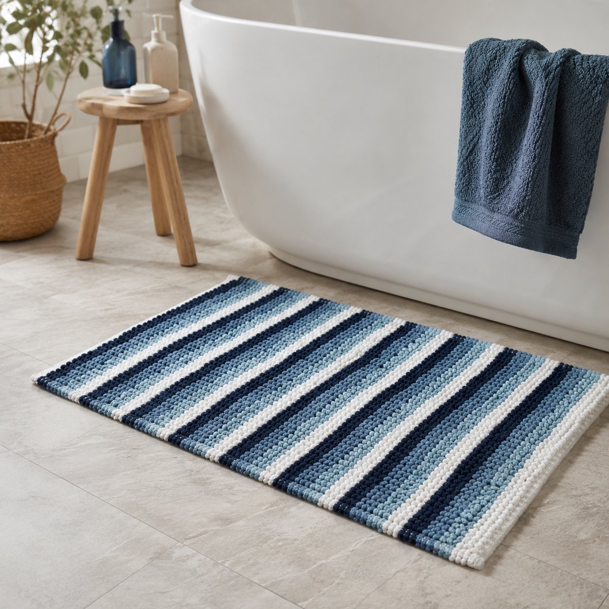 New Edge Blinds Padstow Stripe Bath Mat - 80cm x 50cm - Blue