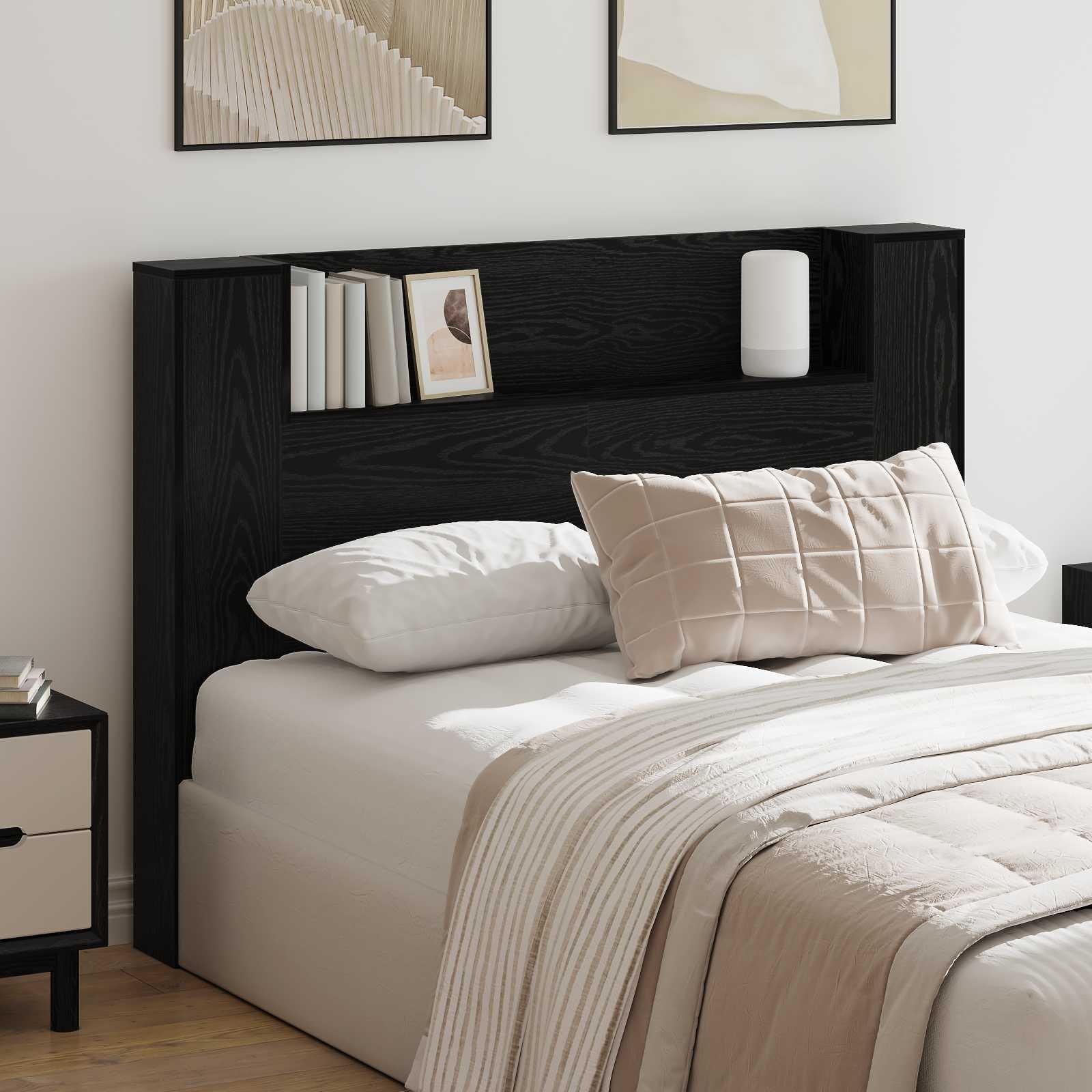 Walplus Wood LED Headboard Cabinet - Black Ash - 140 x 16.5 x 103.5 cm